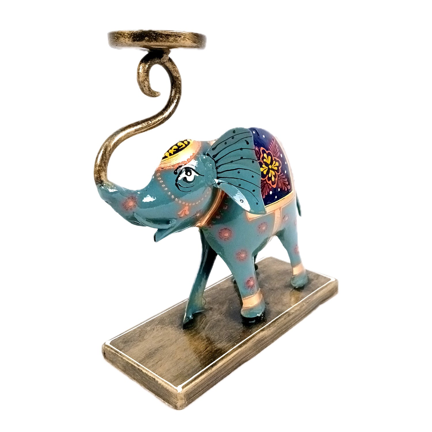 Elephant Tea Light Stand Showpiece | Decorative Candle Tealight Holder - For Home, Table, Living Room Decor | For Festival Decoration & Gifts - 13 Inch (Iron, Blue) - Apkamart