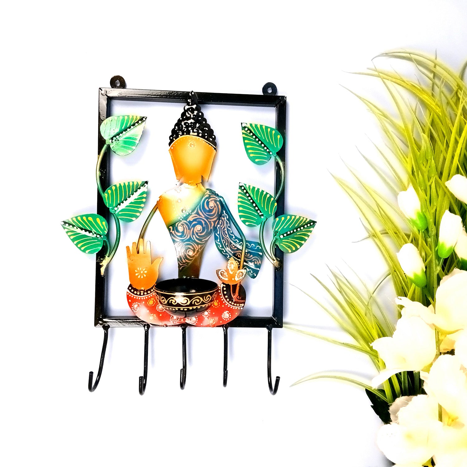 Buddha Key Holder With Candle tea Light Stand | Decorative Wall Hanging | Keys Organizer - for Home, Entrance, Office Decor & Gifts - 13 Inch - Apkamart #Colour_Multicolor