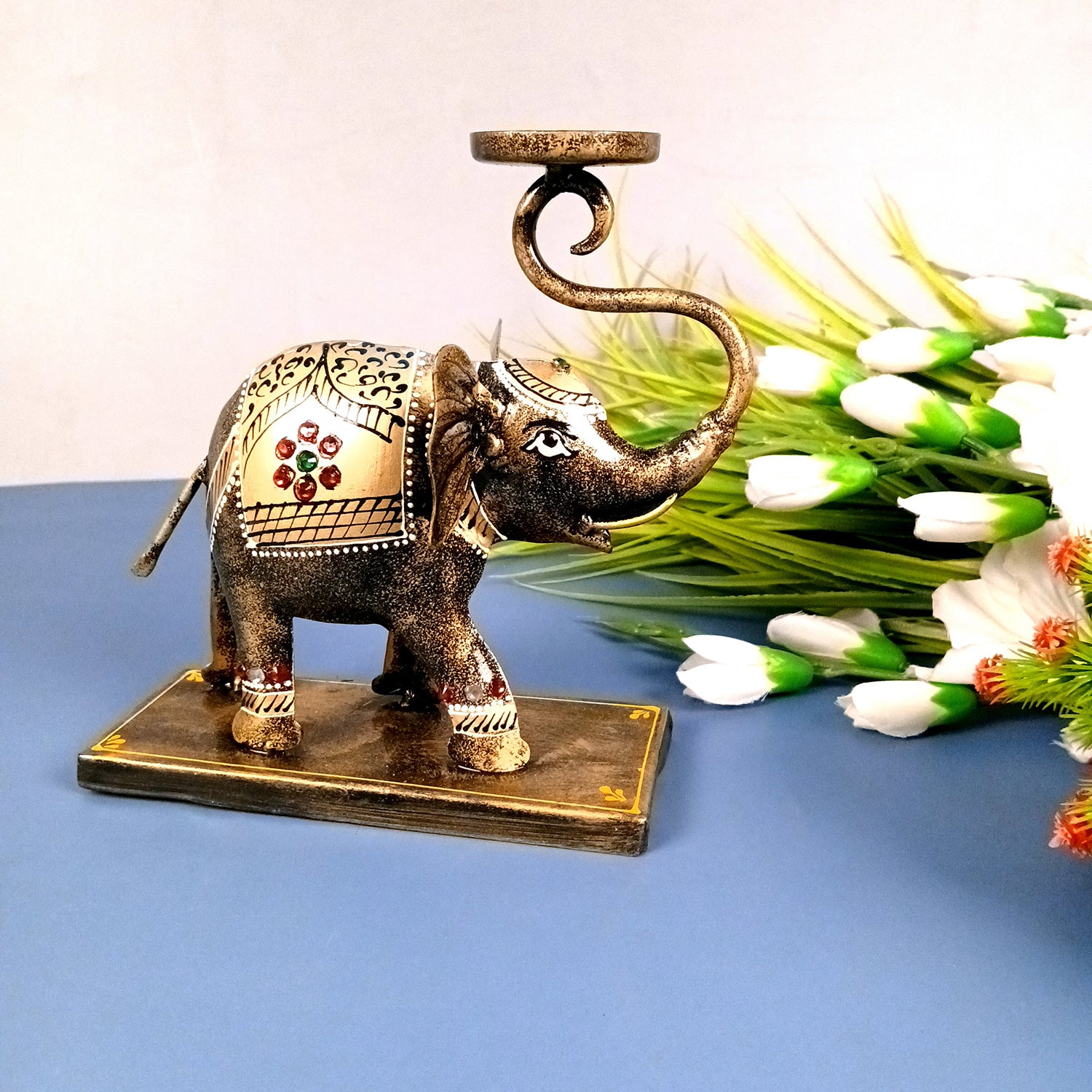 Elephant Tea Light Stand Showpiece | Decorative Candle Tealight Holder - For Home, Table, Living Room Decor | For Festival Decoration & Gifts - 13 Inch (Iron, Golden) - Apkamart