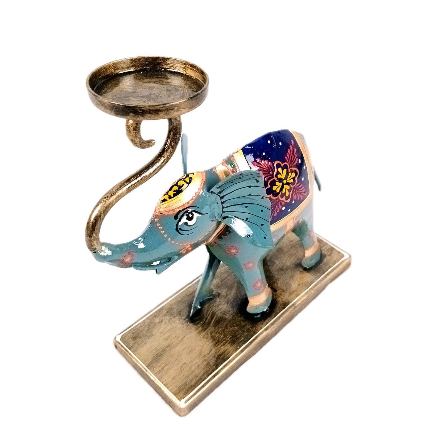 Elephant Tea Light Stand Showpiece | Decorative Candle Tealight Holder - For Home, Table, Living Room Decor | For Festival Decoration & Gifts - 13 Inch (Iron, Blue) - Apkamart