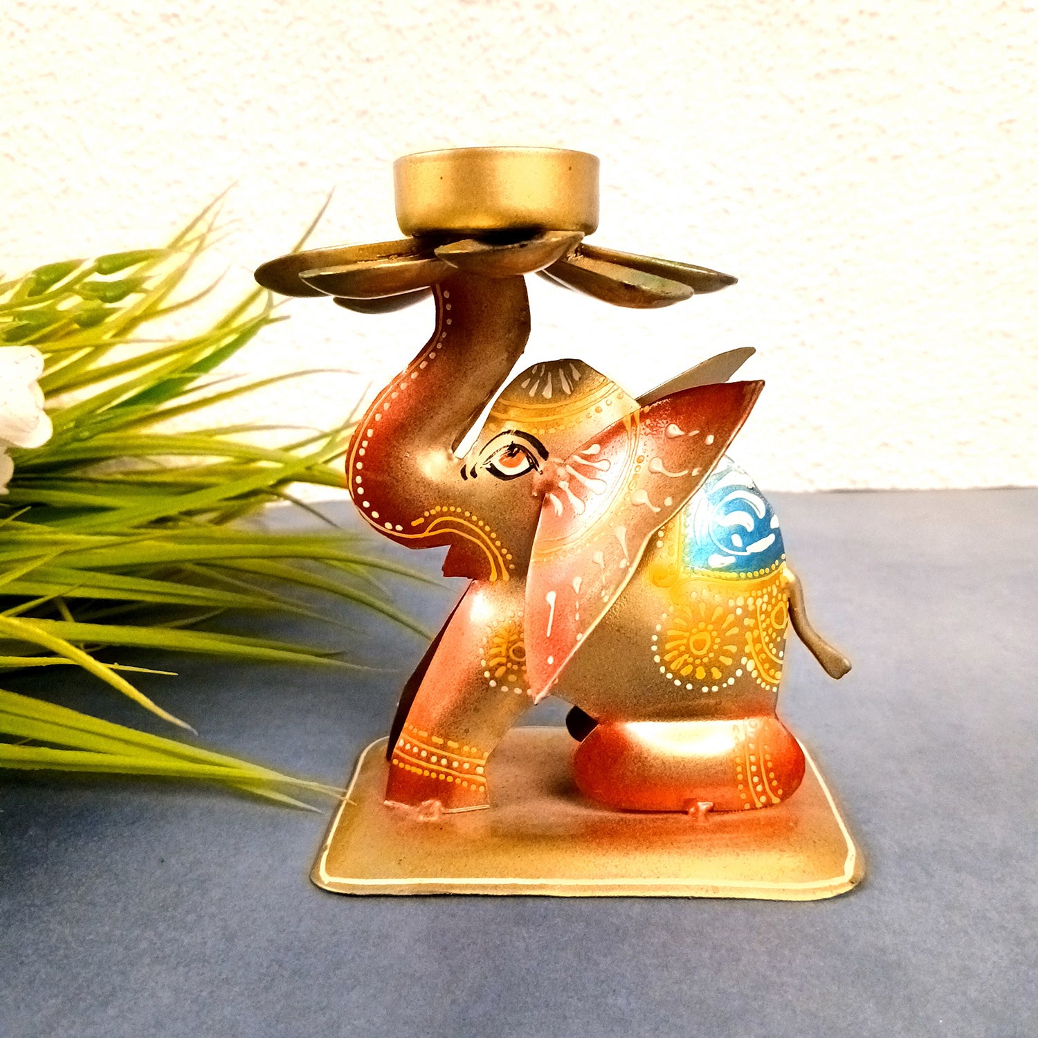 Elephant Tea Light Stand Showpiece | Decorative Candle Tealight Holder - for Home, Table, Living Room Decor | for Festival Decoration & Gifts - 6 Inch - Apkamart