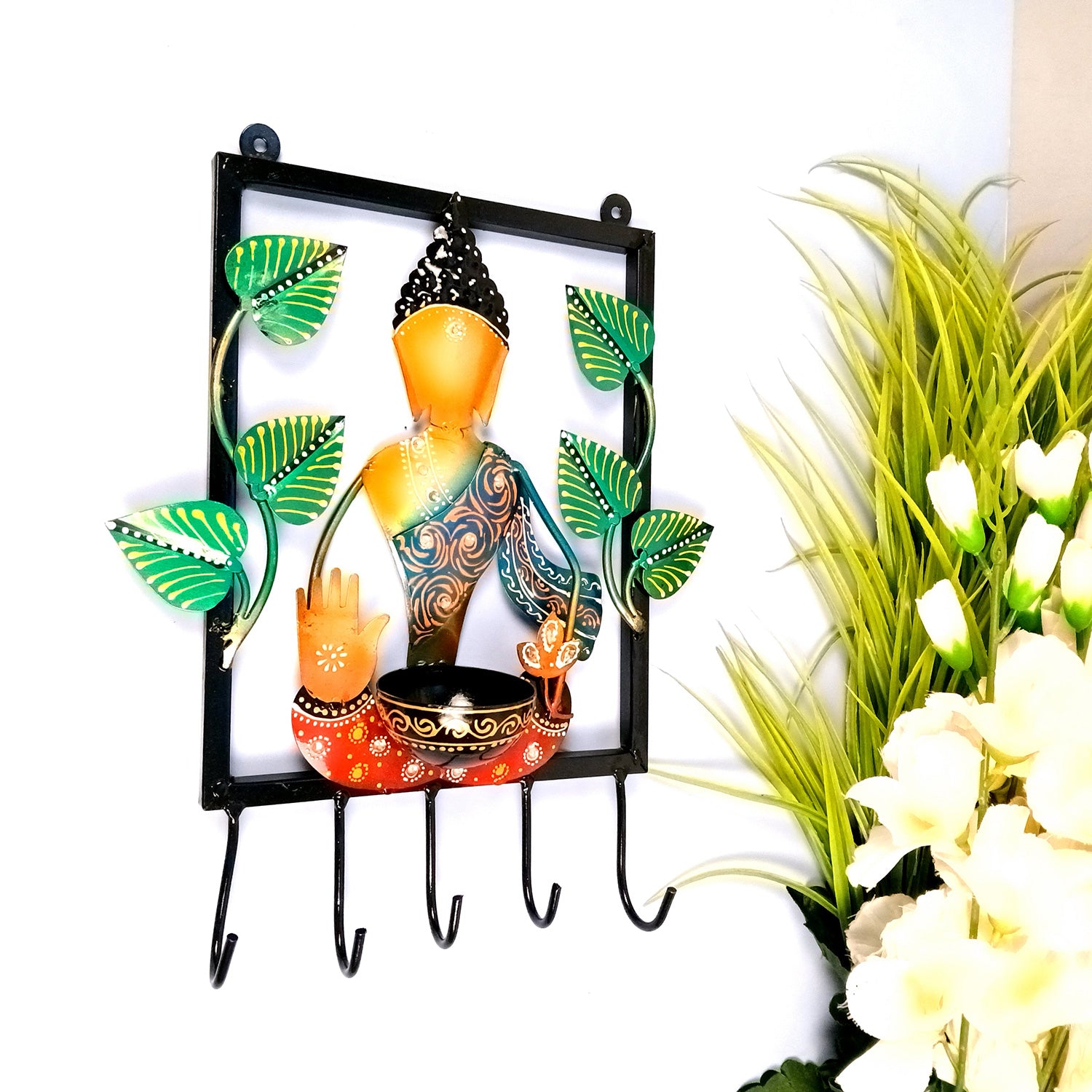 Buddha Key Holder With Candle tea Light Stand | Decorative Wall Hanging | Keys Organizer - for Home, Entrance, Office Decor & Gifts - 13 Inch - Apkamart #Colour_Multicolor