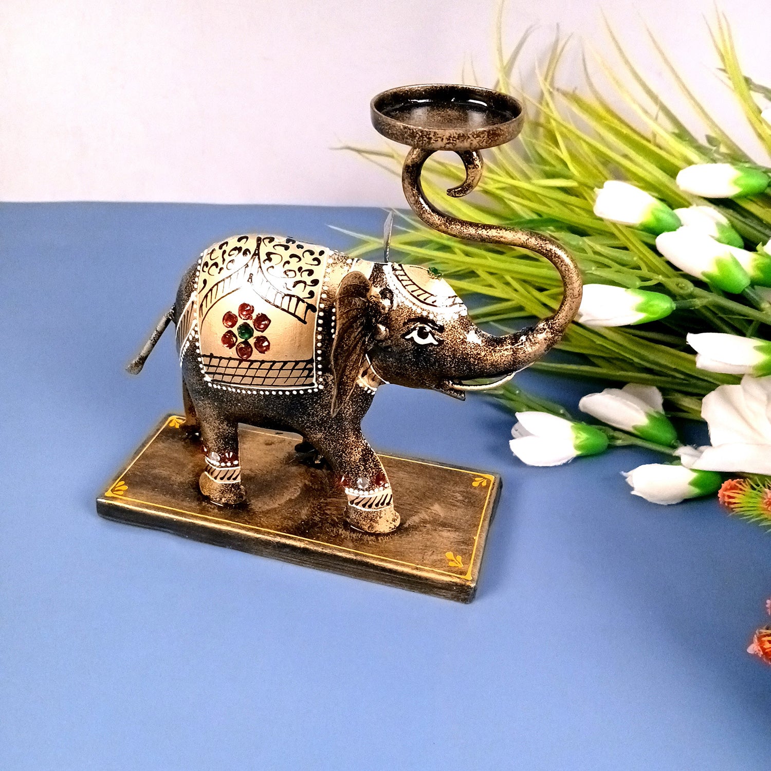 Elephant Tea Light Stand Showpiece | Decorative Candle Tealight Holder - For Home, Table, Living Room Decor | For Festival Decoration & Gifts - 13 Inch (Iron, Golden) - Apkamart