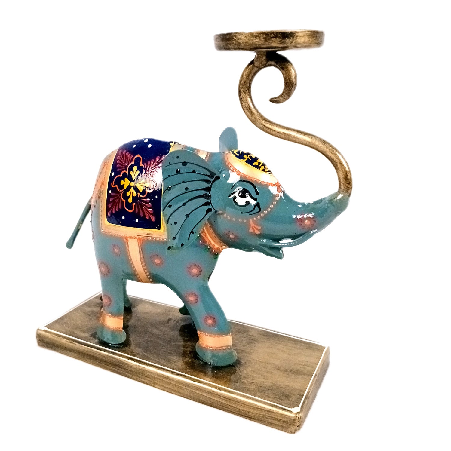 Elephant Tea Light Stand Showpiece | Decorative Candle Tealight Holder - For Home, Table, Living Room Decor | For Festival Decoration & Gifts - 13 Inch (Iron, Blue) - Apkamart