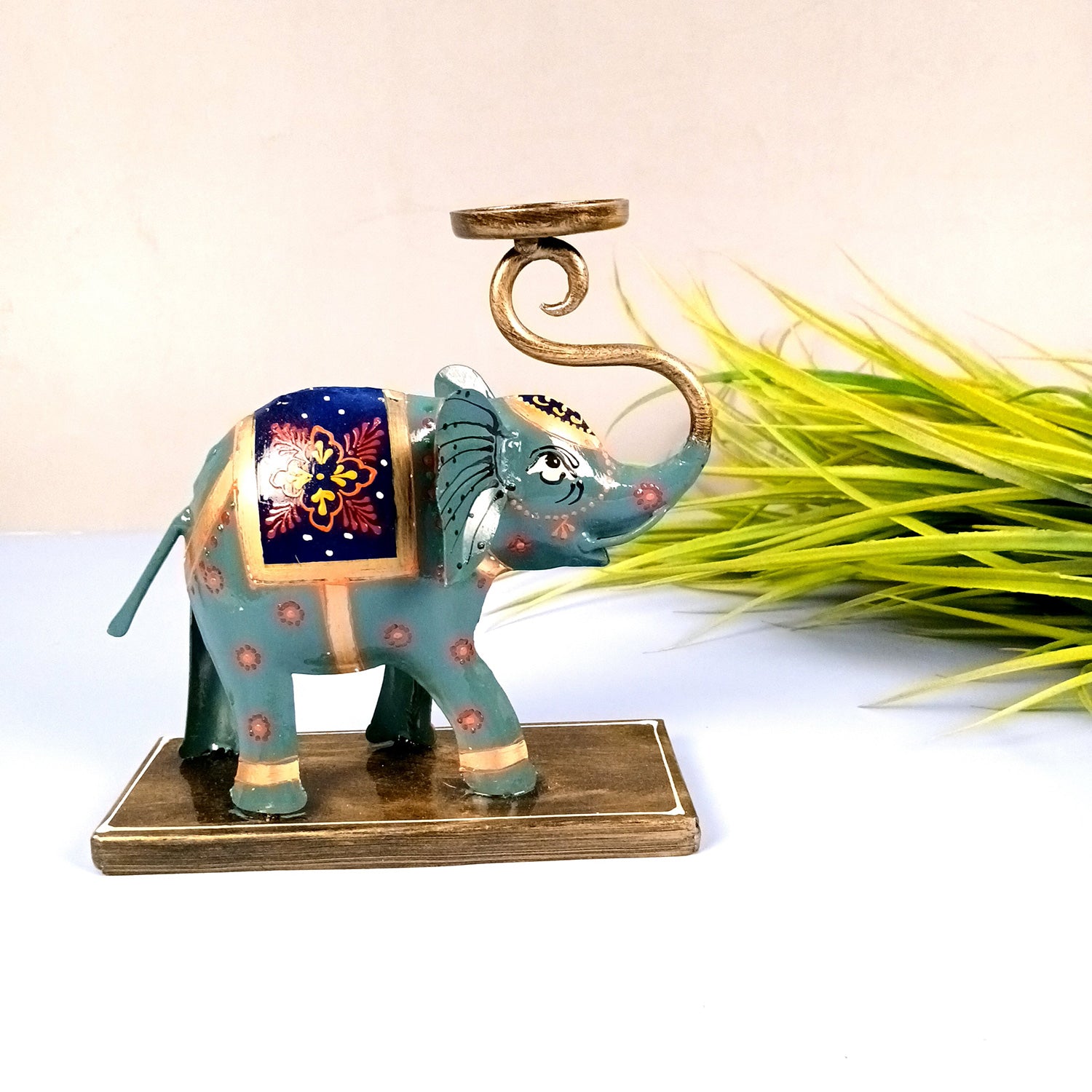 Elephant Tea Light Stand Showpiece | Decorative Candle Tealight Holder - For Home, Table, Living Room Decor | For Festival Decoration & Gifts - 13 Inch (Iron, Blue) - Apkamart