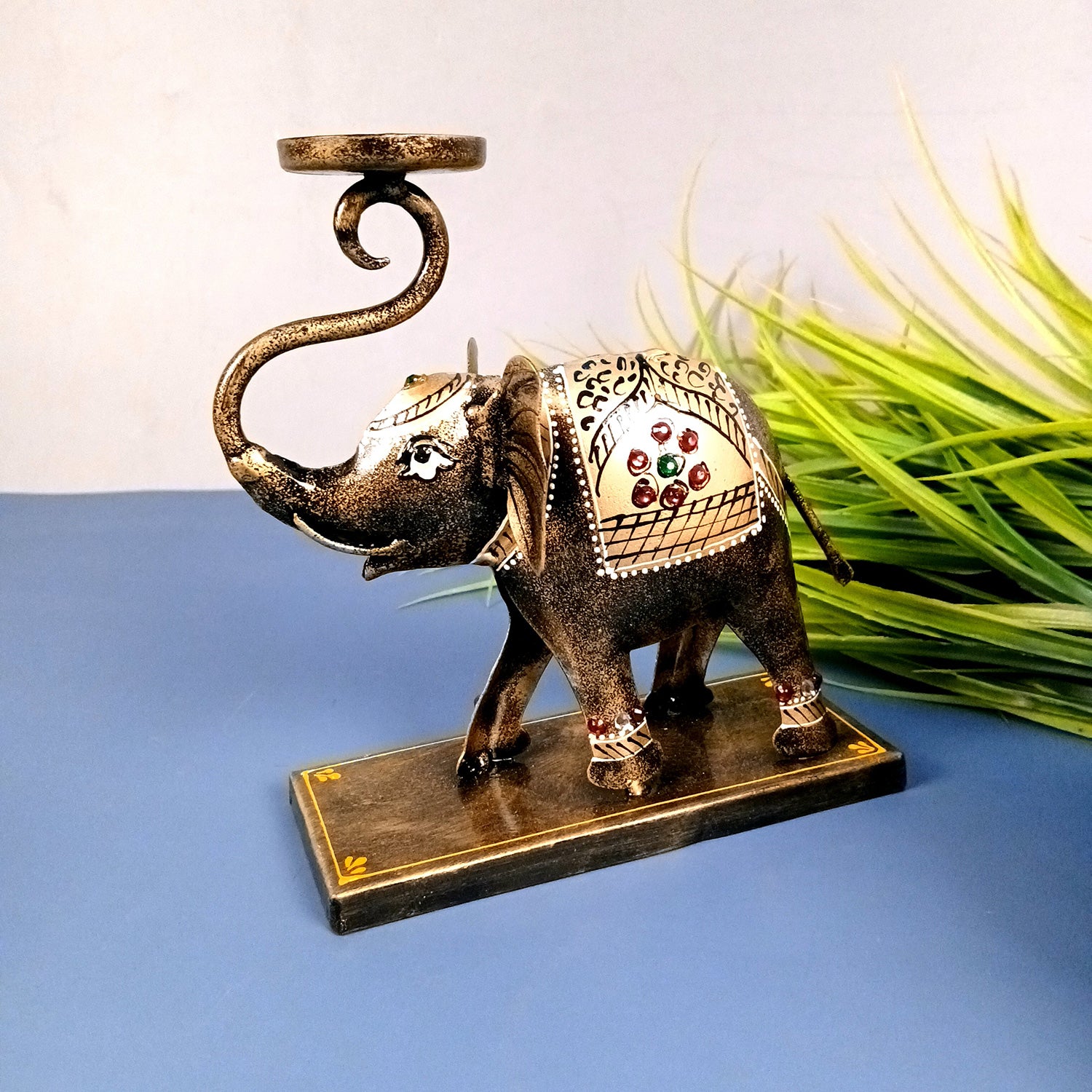 Elephant Tea Light Stand Showpiece | Decorative Candle Tealight Holder - For Home, Table, Living Room Decor | For Festival Decoration & Gifts - 13 Inch (Iron, Golden) - Apkamart