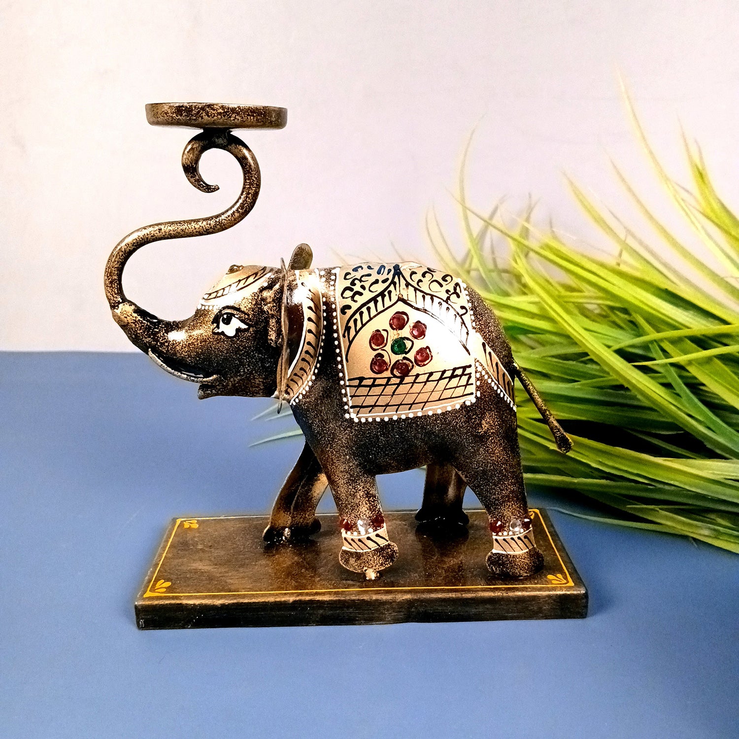 Elephant Tea Light Stand Showpiece | Decorative Candle Tealight Holder - For Home, Table, Living Room Decor | For Festival Decoration & Gifts - 13 Inch (Iron, Golden) - Apkamart