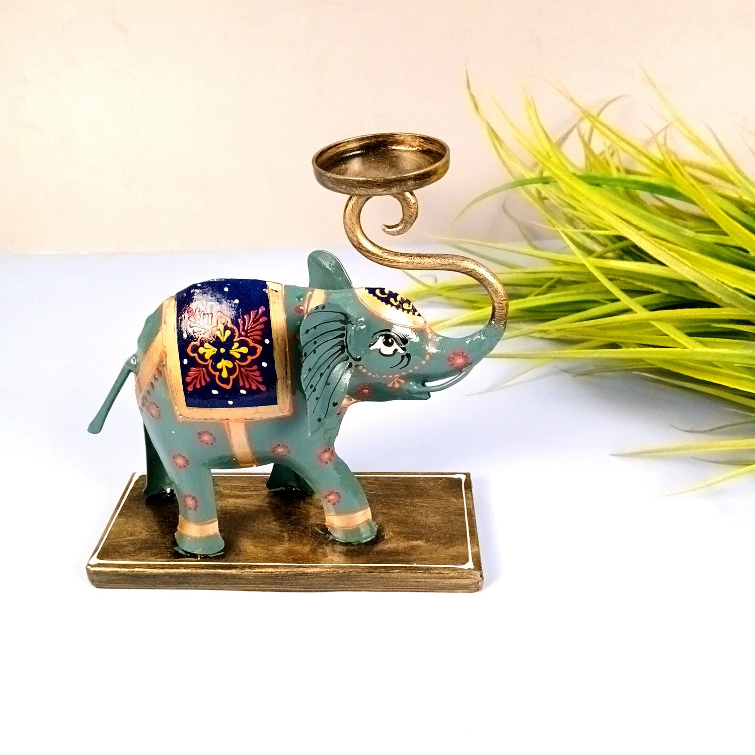 Elephant Tea Light Stand Showpiece | Decorative Candle Tealight Holder - For Home, Table, Living Room Decor | For Festival Decoration & Gifts - 13 Inch (Iron, Blue) - Apkamart