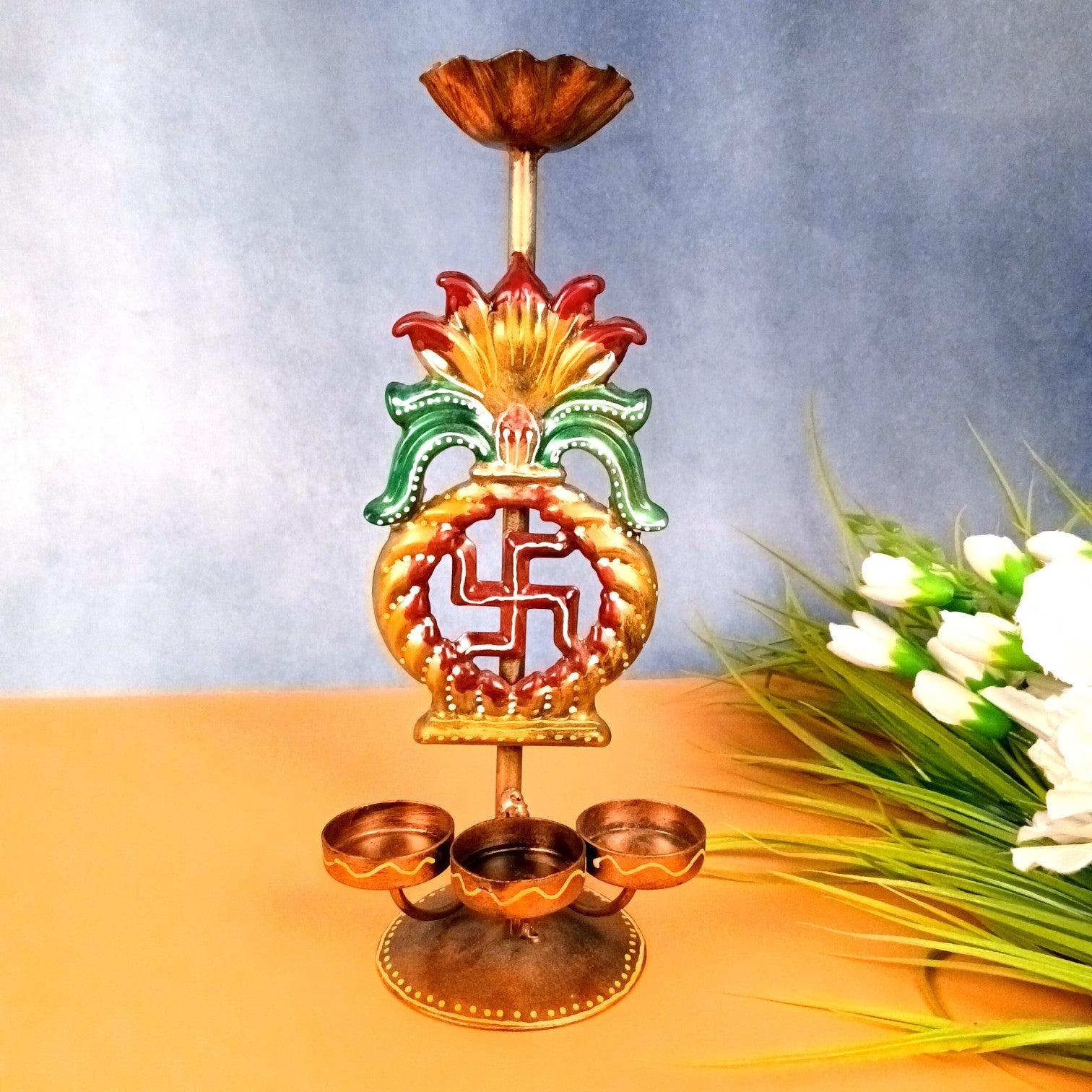 Candle Holder Swastik Design | Decorative Tealight Holder for Home Decor | Festival Candle Stand for Puja Room, Living Room & Gifting - 12 Inch - Apkamart