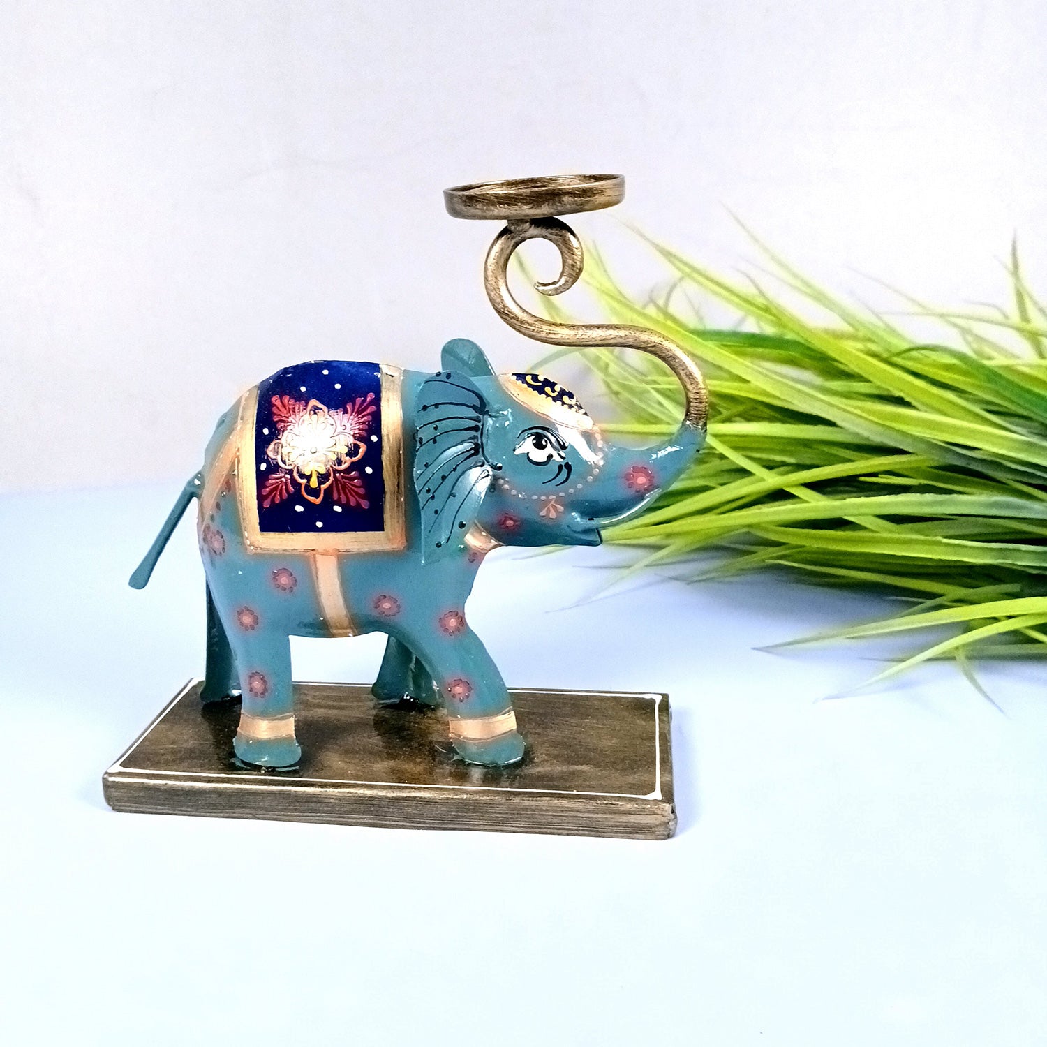 Elephant Tea Light Stand Showpiece | Decorative Candle Tealight Holder - For Home, Table, Living Room Decor | For Festival Decoration & Gifts - 13 Inch (Iron, Blue) - Apkamart