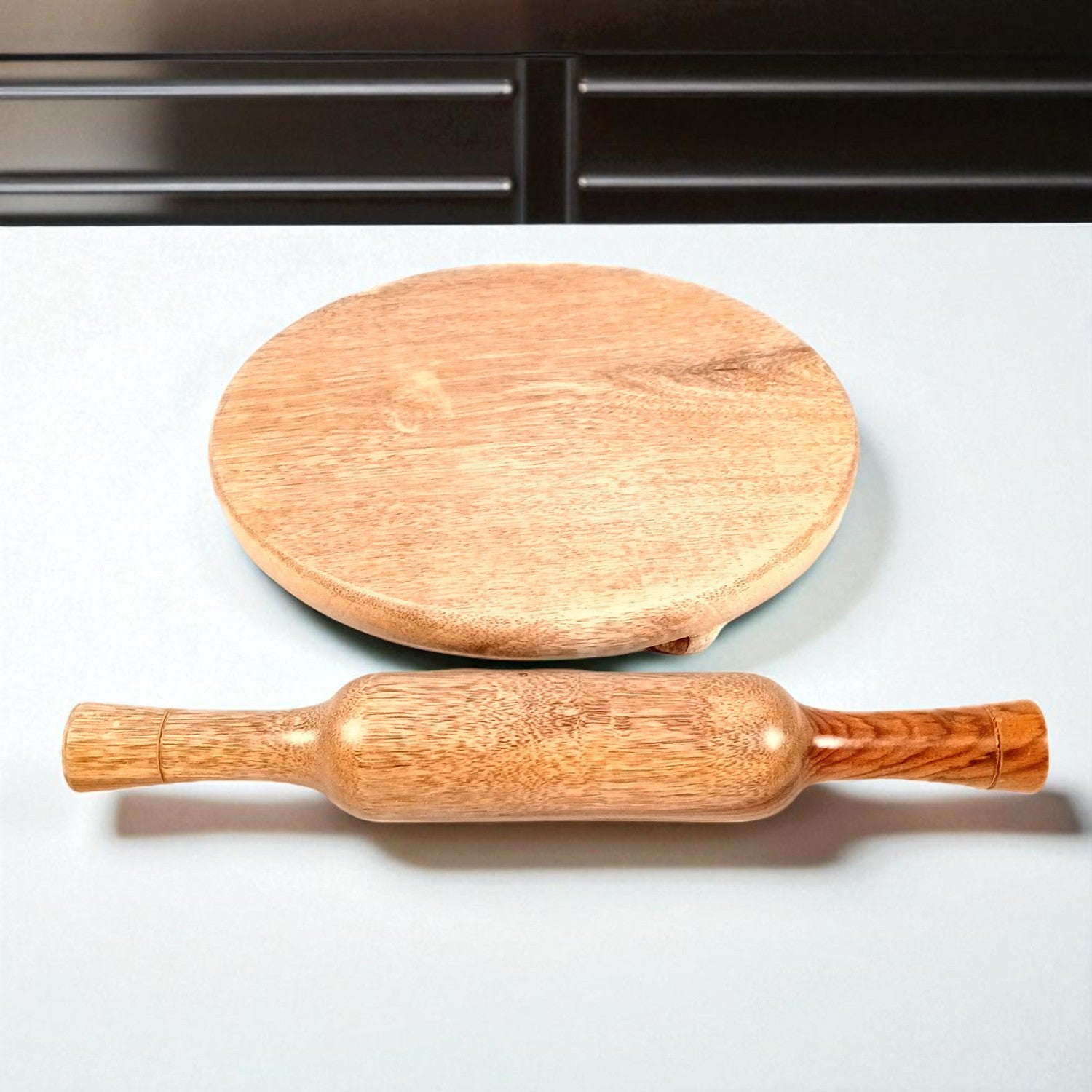 Wooden Chakla Belan Set | Premium Solid Sheesham Wood Roti Rolling Board and Rolling Pin | Round Polpat-Roti Roller - for Home & Kitchen - 10 Inch (Pack Of 2) - Apkamart