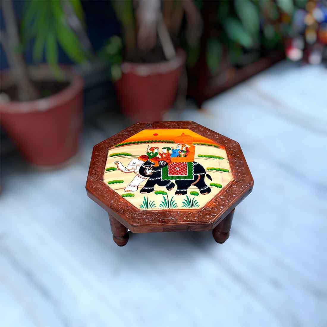 Wood Chowki Bajot - Chowki Table For Sitting & Home decor - 18 Inch - Apkamart #style_pack of 2
