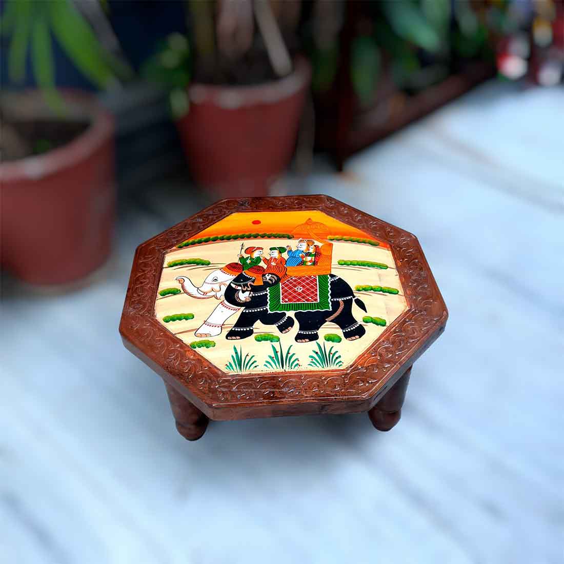 Wood Chowki Bajot - Chowki Table For Sitting & Home decor - 18 Inch - Apkamart #style_pack of 1