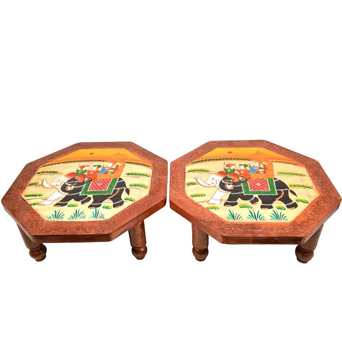 Wooden Bajot - Chauki For Sitting & Home Decor -15 Inch - Apkamart #Style_Pack of 2