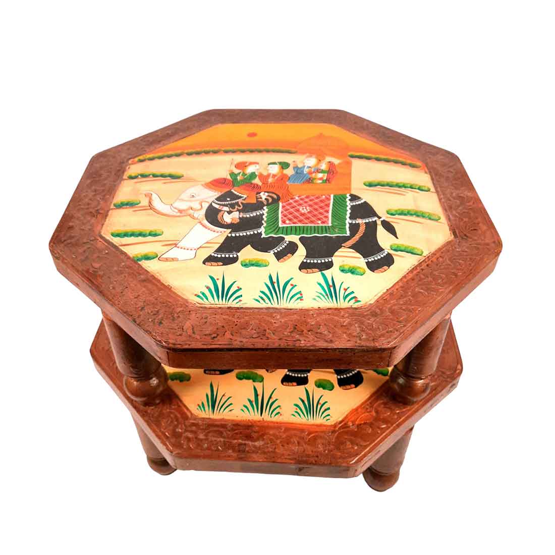 Wood Chowki Bajot - Chowki Table For Sitting & Home decor - 18 Inch - Apkamart #style_pack of 2