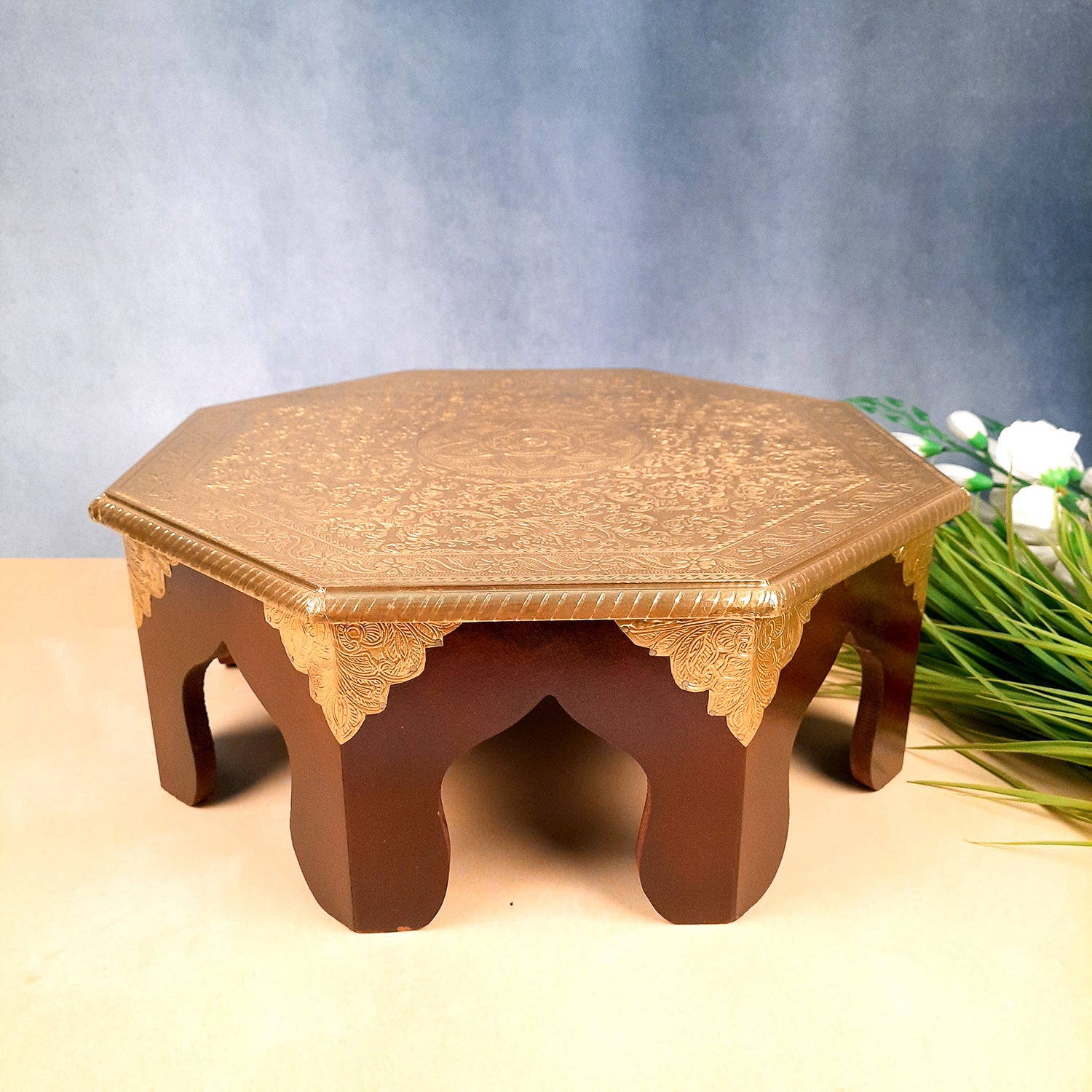 Pooja Chowki Bajot | Wooden Brass Chauki - For Sitting, Puja, Home & Corner Decor - 17 Inch - apkamart