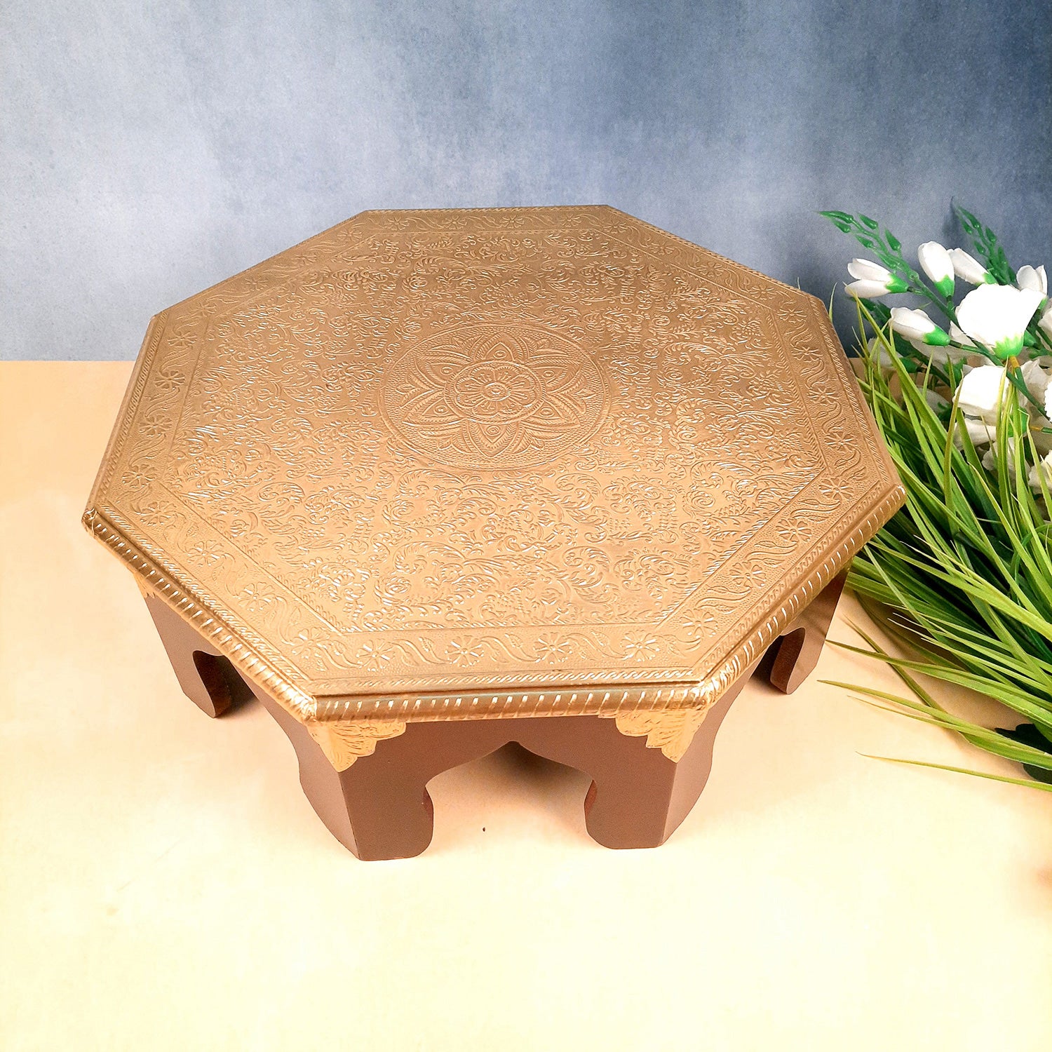 Pooja Chowki Bajot | Wooden Brass Chauki - For Sitting, Puja, Home & Corner Decor - 17 Inch - apkamart