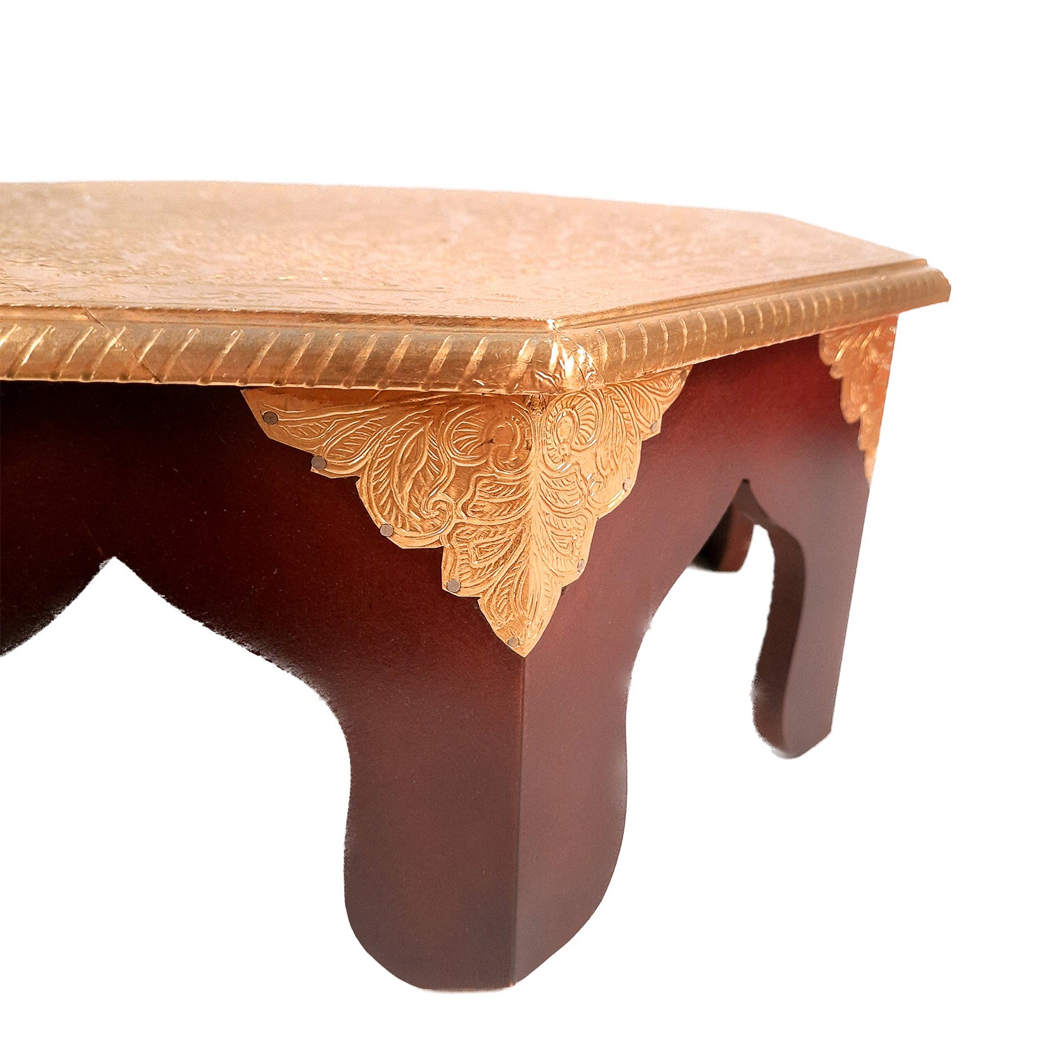 Pooja Chowki Bajot | Wooden Brass Chauki - For Sitting, Puja, Home & Corner Decor - 17 Inch - apkamart
