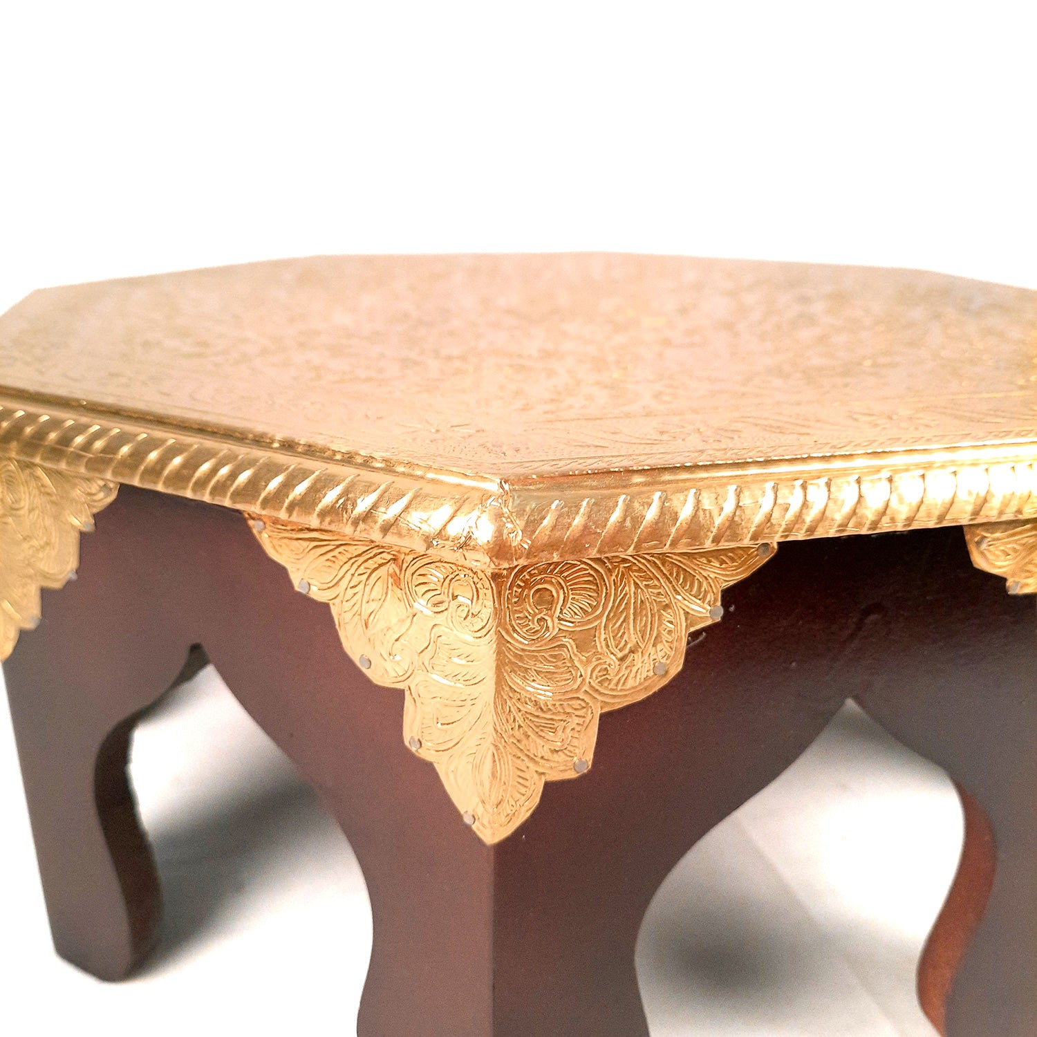 Puja Chowki Bajot | Wooden Brass Chauki - For Puja, Living Room, Home & Corner Decor - 15 Inch - apkamart