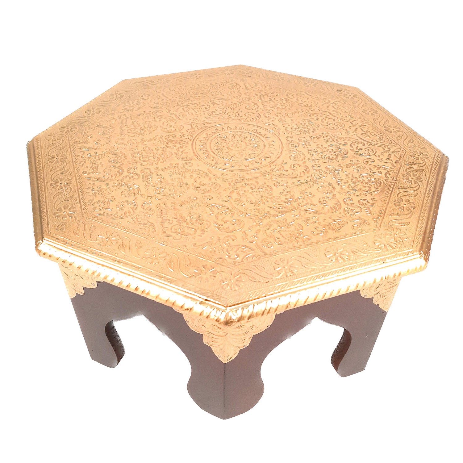 Puja Chowki Bajot | Wooden Brass Chauki - For Puja, Living Room, Home & Corner Decor - 15 Inch - apkamart