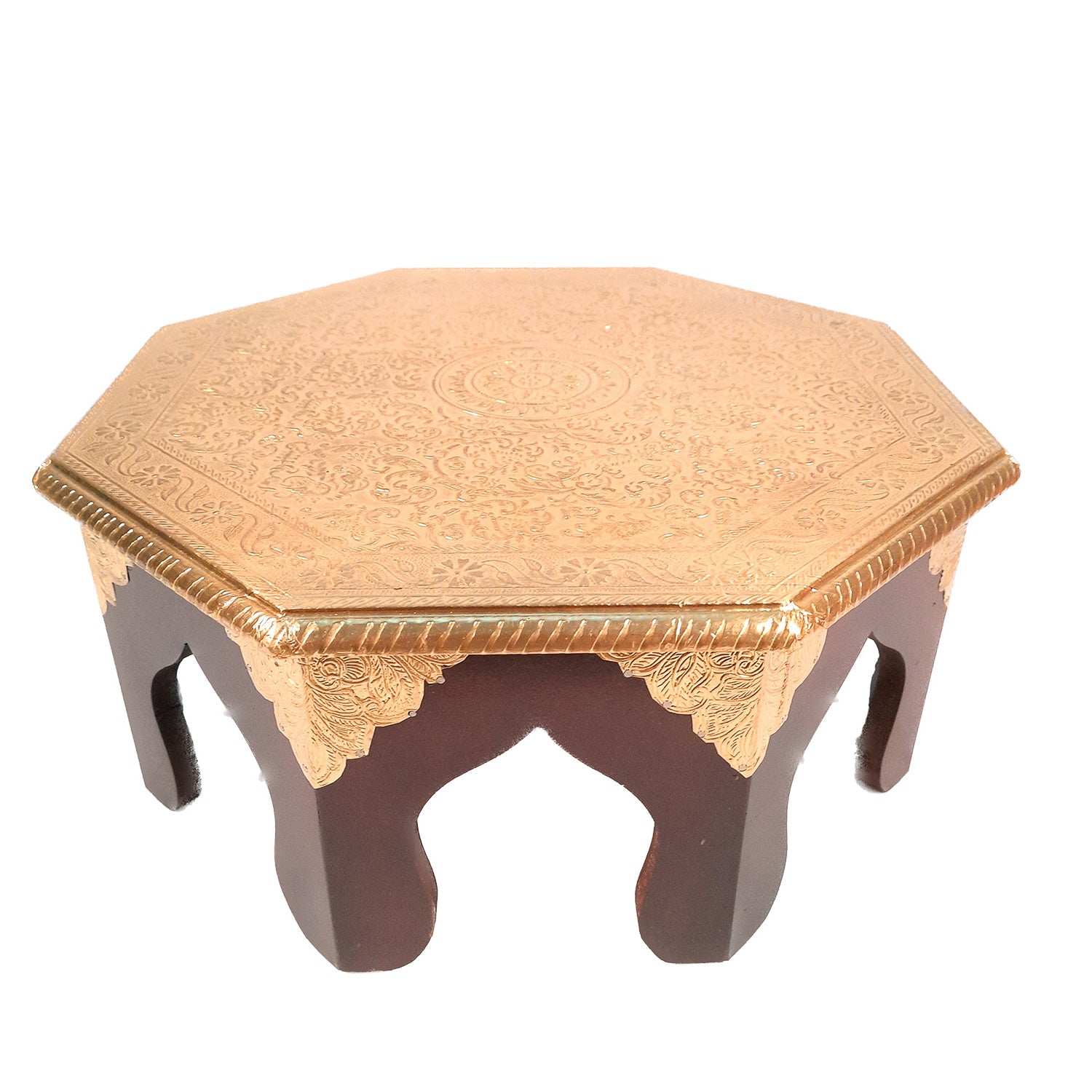 Puja Chowki Bajot | Wooden Brass Chauki - For Puja, Living Room, Home & Corner Decor - 15 Inch - apkamart