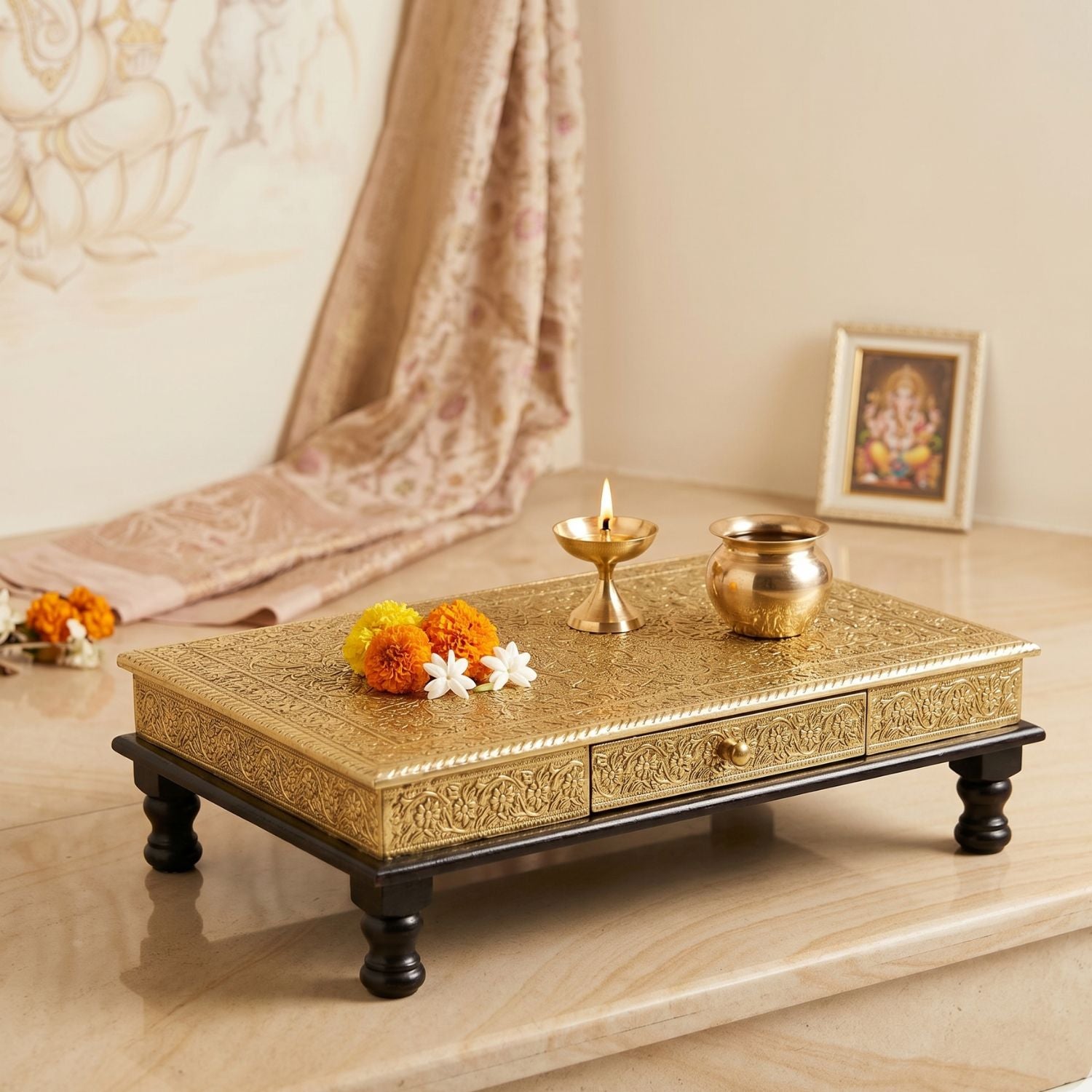 Wooden Brass Puja Chowki Bajot For God Idol Home Decor - 18 Inch