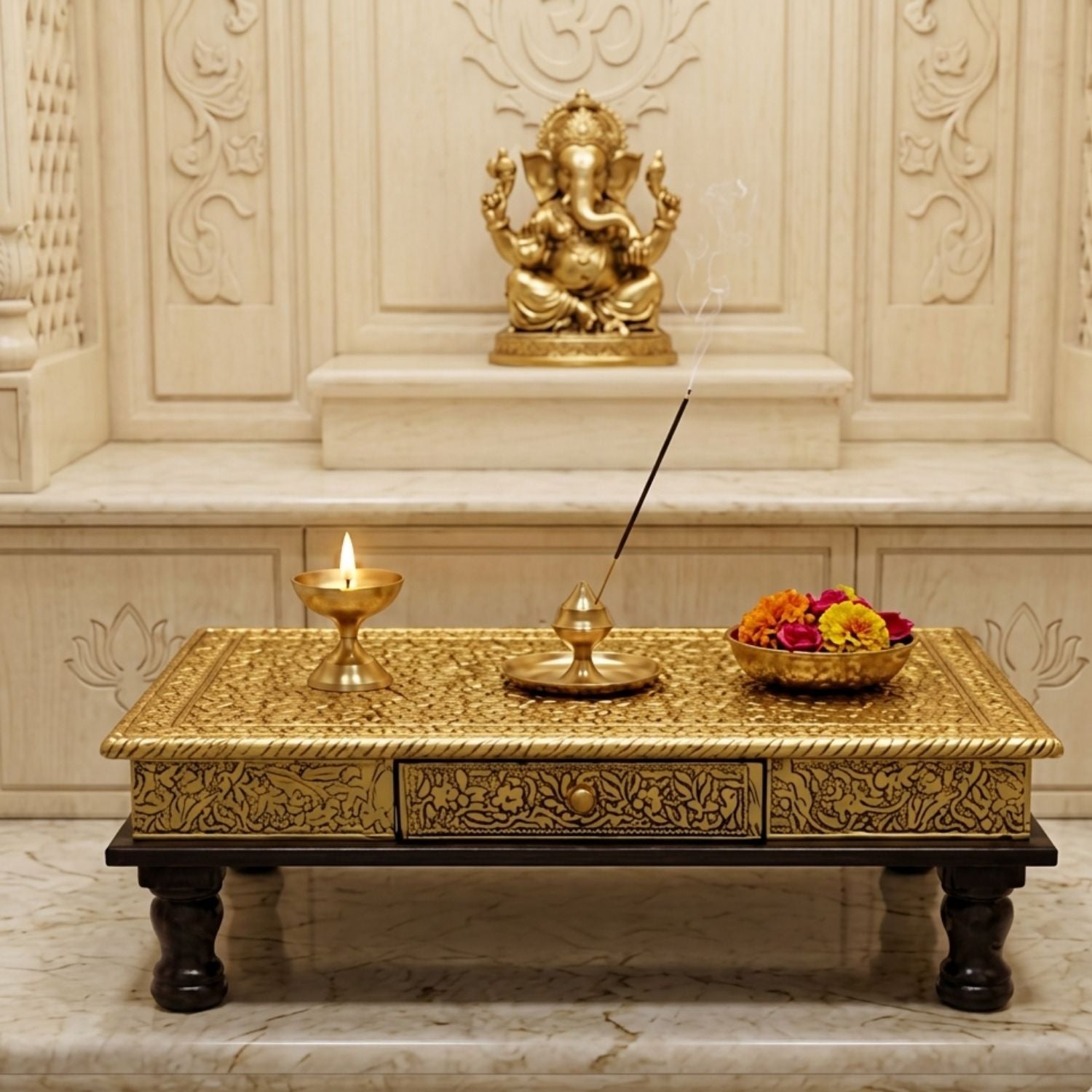 Brass Pooja Chowki for Home Temple | Traditional Puja Bajot - 21 Inch-apkamart