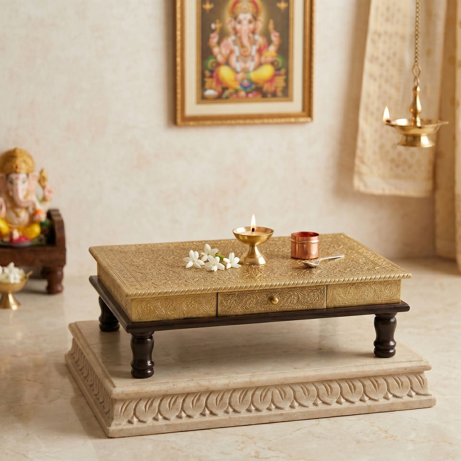 Brass Pooja Chowki for Home Temple | Traditional Puja Bajot - 21 Inch-apkamart