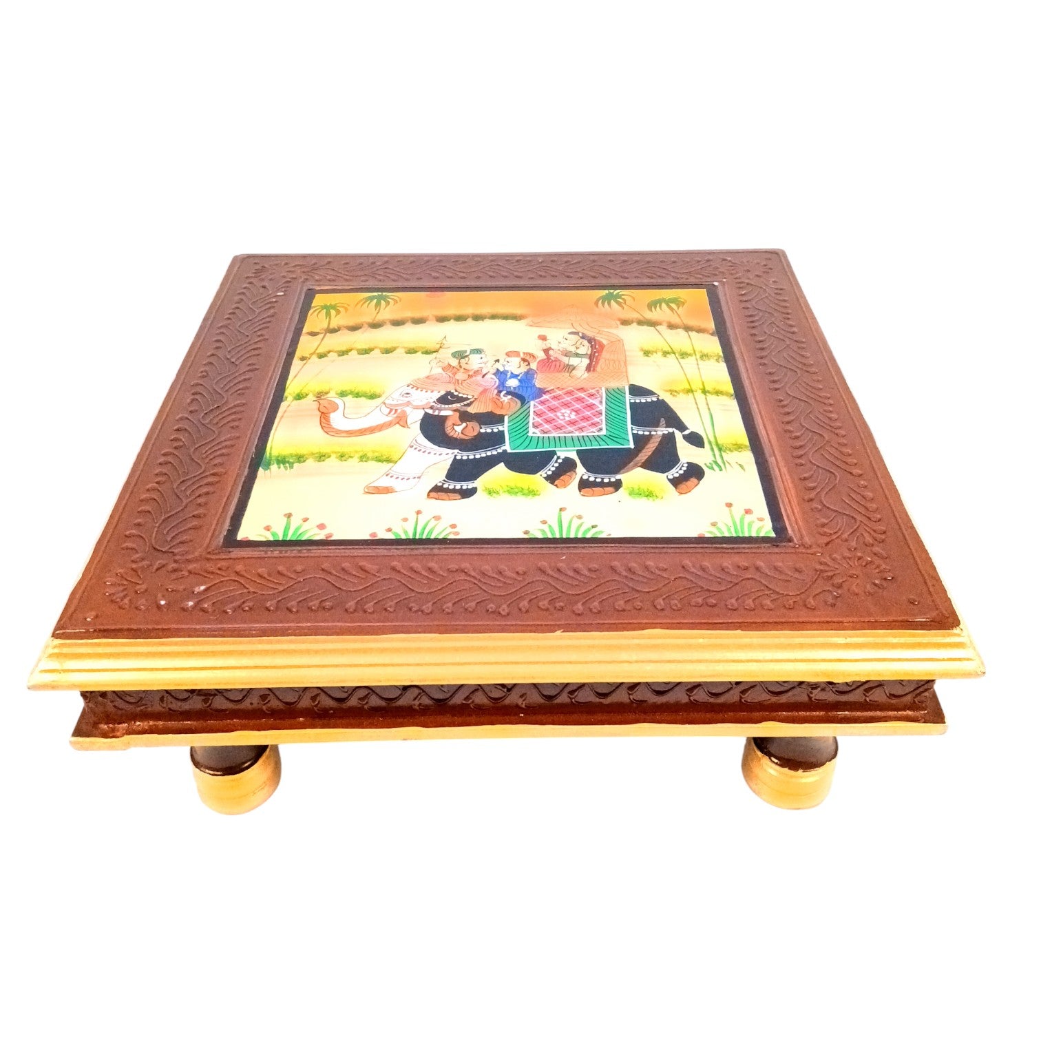 Chowki for Pooja | Handcrafted Wooden Platform for Temple, Home & Spiritual Decor | Traditional Decorative Bajot Patla for Idols & Festive Use - 16 Inch - Apkamart
