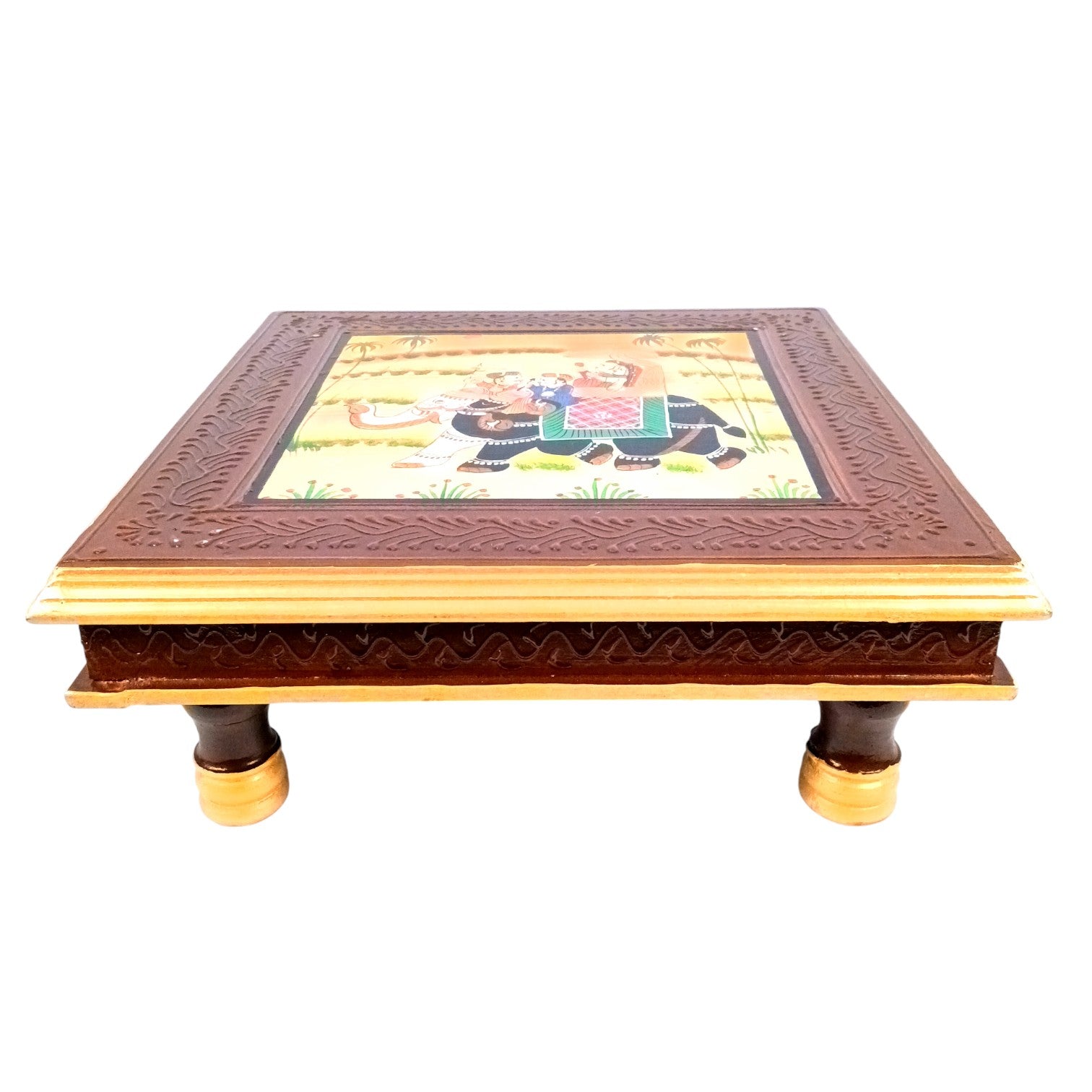 Chowki for Pooja | Handcrafted Wooden Platform for Temple, Home & Spiritual Decor | Traditional Decorative Bajot Patla for Idols & Festive Use - 16 Inch - Apkamart