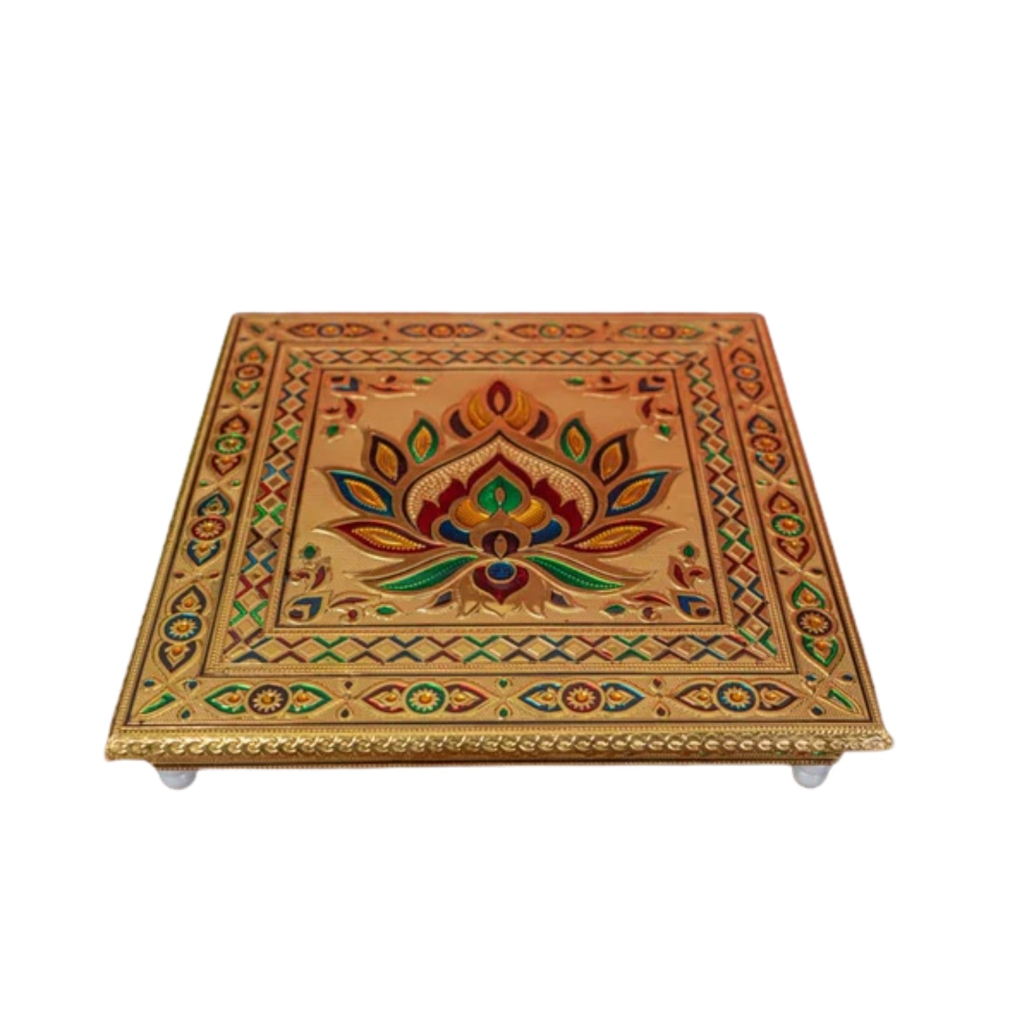Puja Chowki Bajot Wooden | Wooden Meenakari Pooja Peeta Table | Stool / Aasan for God Idols - for Festivals, Home, living Room, Corner, Mandir Decoration & Gifts - 12 Inch - Apkamart
