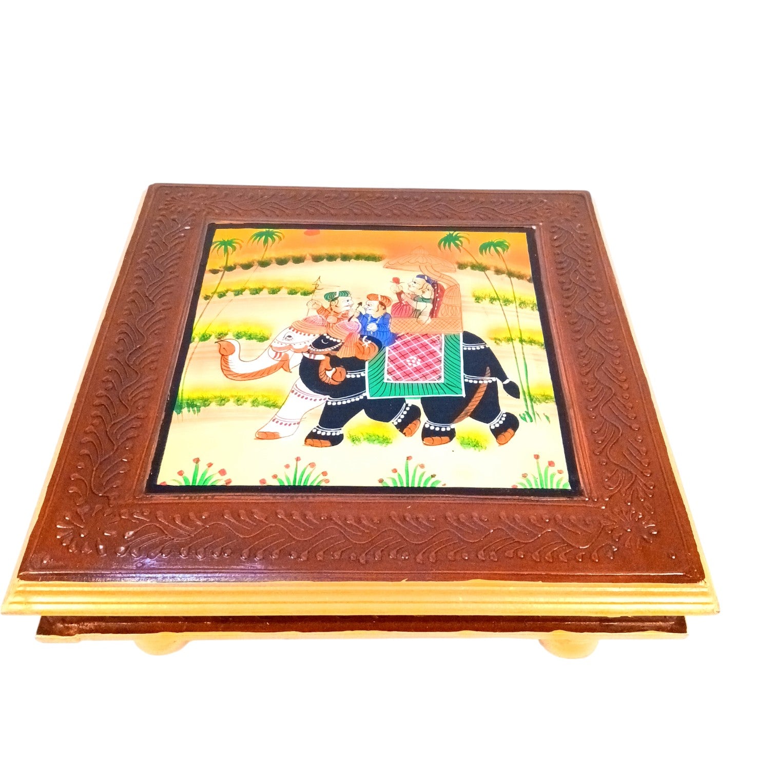 Chowki for Pooja | Handcrafted Wooden Platform for Temple, Home & Spiritual Decor | Traditional Decorative Bajot Patla for Idols & Festive Use - 16 Inch - Apkamart