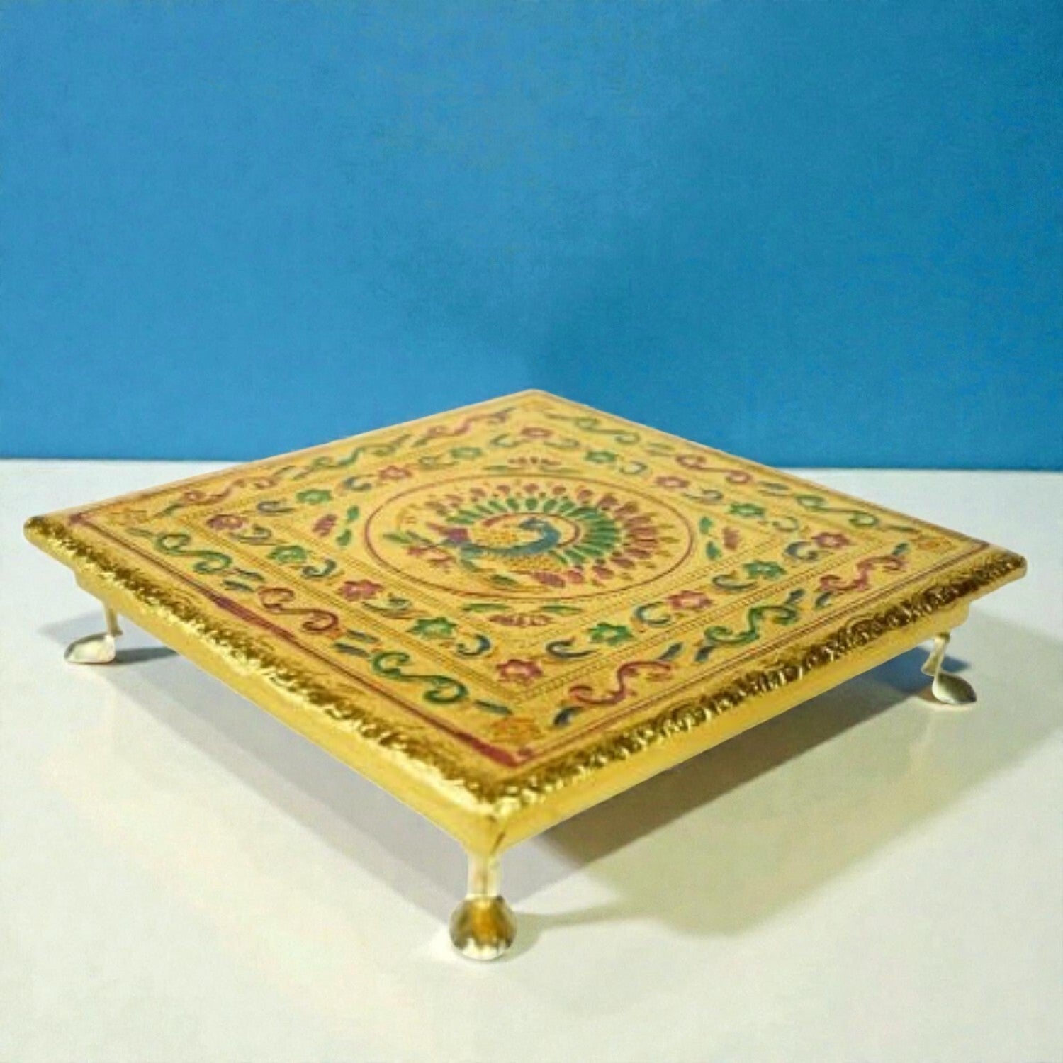 Puja Meenakari Chowki Bajot | Wooden Chauki for Sitting | Pooja Peeta / Patla for God Idols | Mandir Stand for Home Temple, Living Room, Corner Decoration & Gift Use - 10 Inch - Apkamart