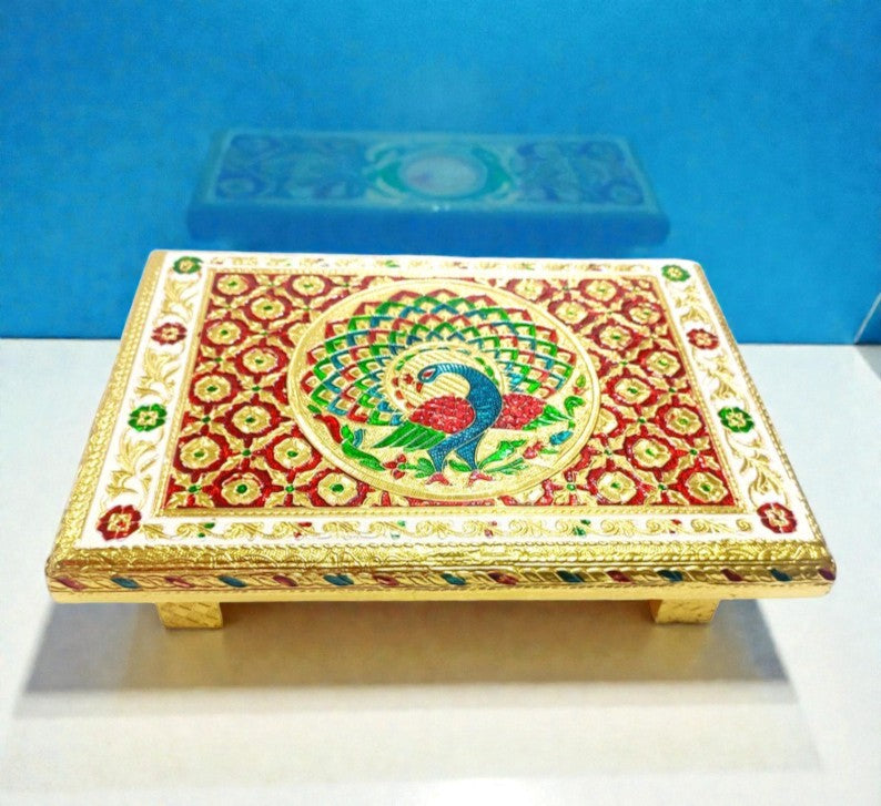 Wooden Puja Peeta Chowki | Stool / Aasan for God Idols |Wooden Pooja Chowki Table - for Festivals, Home, living Room, Corner, Mandir Decoration & Gifts - 12 Inch - Apkamart