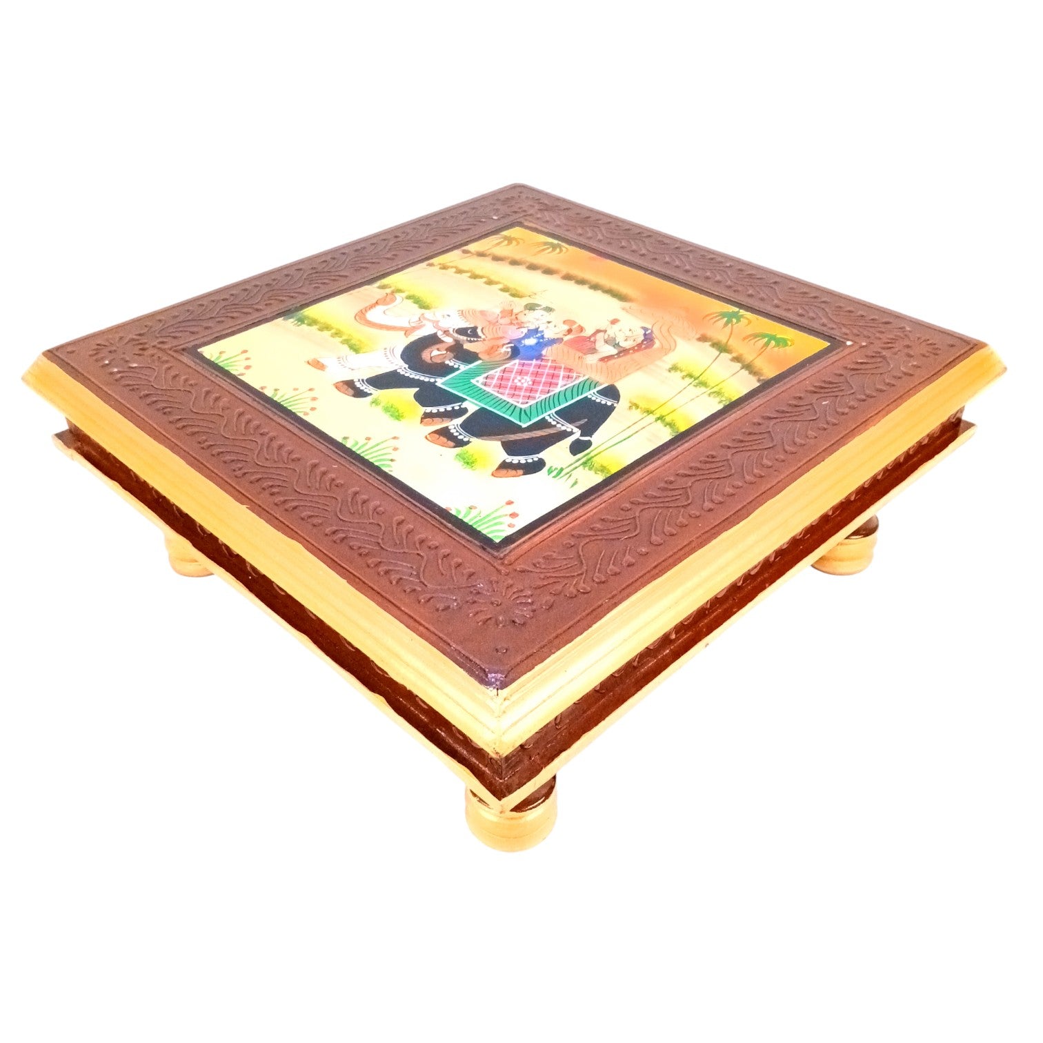 Chowki for Pooja | Handcrafted Wooden Platform for Temple, Home & Spiritual Decor | Traditional Decorative Bajot Patla for Idols & Festive Use - 16 Inch - Apkamart