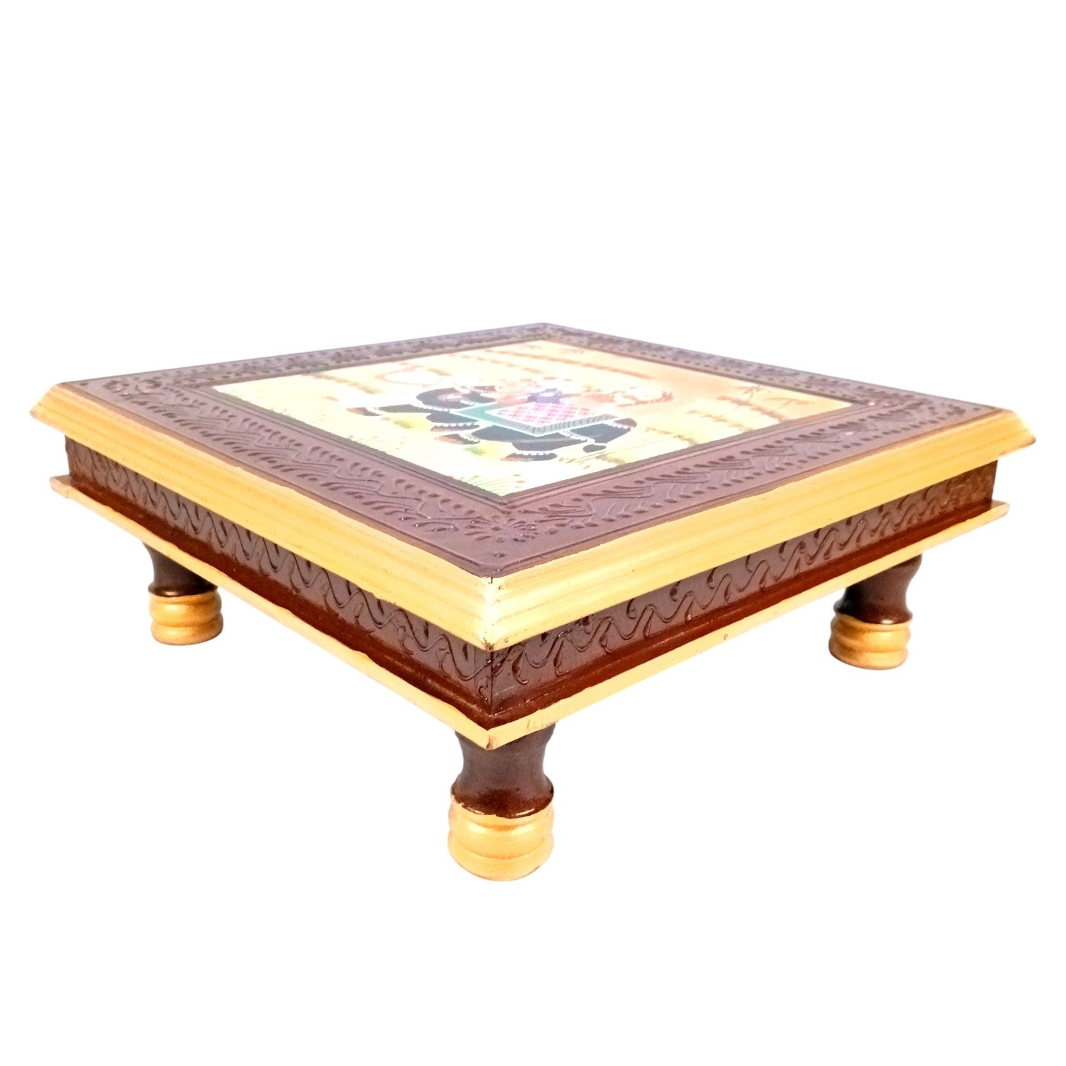 Chowki for Pooja | Handcrafted Wooden Platform for Temple, Home & Spiritual Decor | Traditional Decorative Bajot Patla for Idols & Festive Use - 16 Inch - Apkamart