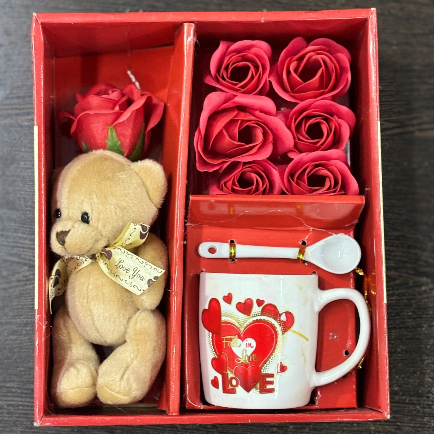 Coffee Mug, Teddy & Red Roses Combo | Valentine Gift Set for Girlfriend, Wife & Loved Ones | Romantic Gift Combo for Birthday, Anniversary & Special Occasions - 9 Inch - Apkamart