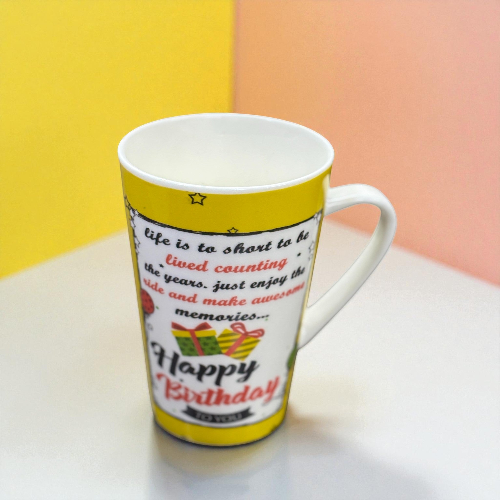Coffee Mug Happy Birthday Design | Premium Handcrafted Mug for Tea, Coffee & Milk | Stylish & Durable Ceramic Cup for Office, Home & Gifting - 400ml - Apkamart