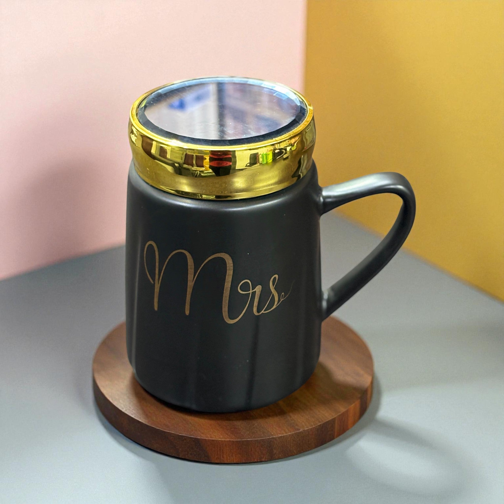 Ceramic Coffee Mug | Mr Design With Golden Lid | Premium Handcrafted Mug for Tea, Coffee & Milk | Stylish & Durable Ceramic Cup for Office, Home & Gifting - 400ml - Apkamart