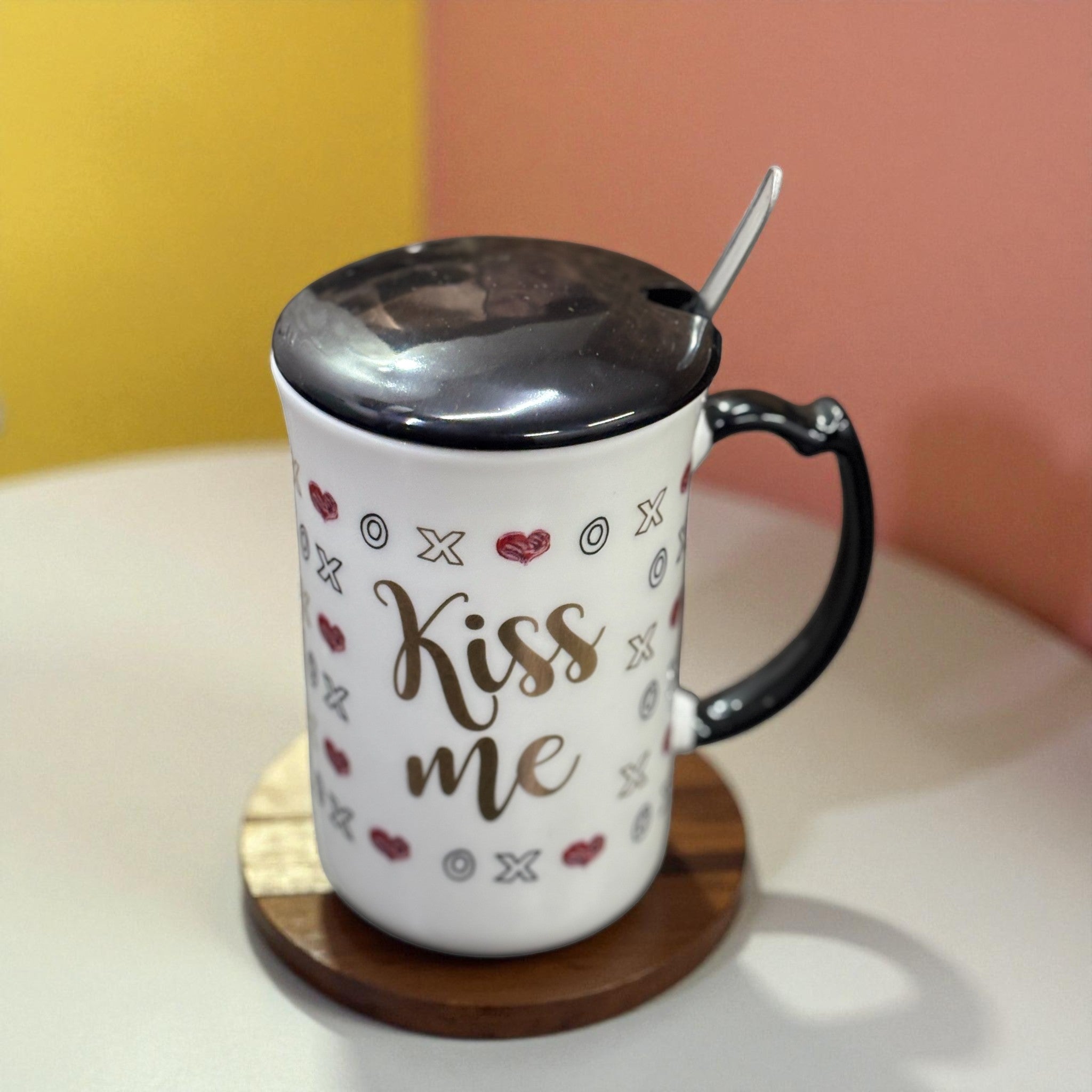 Coffee Mug with Spoon | Kiss Me Design | Premium Tea & Coffee Cup Set for Home & Office | Stylish Ceramic Mug with Handle & Spoon for Hot & Cold Beverages - 400ml - Apkamart