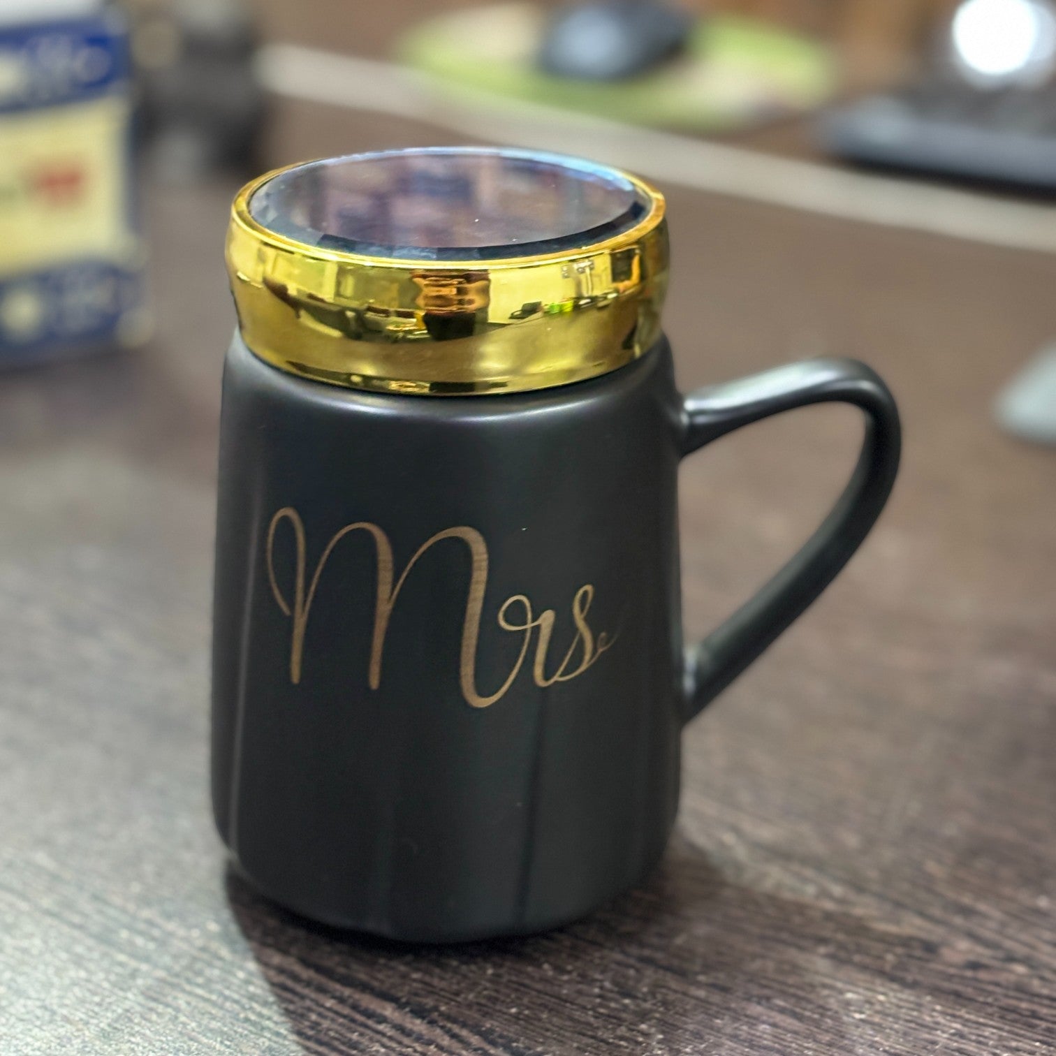 Ceramic Coffee Mug | Mr Design With Golden Lid | Premium Handcrafted Mug for Tea, Coffee & Milk | Stylish & Durable Ceramic Cup for Office, Home & Gifting - 400ml - Apkamart