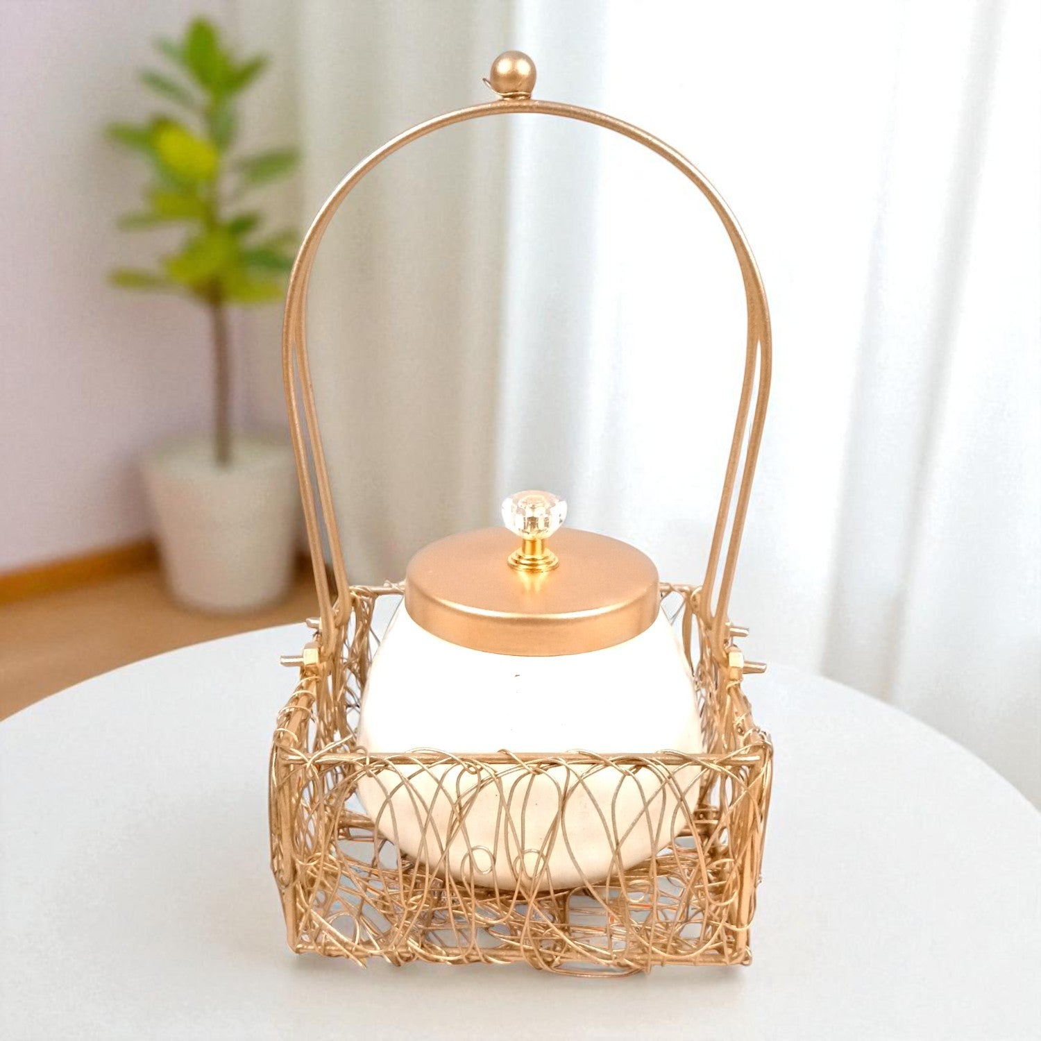 Serving Bowl with Metal Basket | Handicraft Bowl for Kitchen & Home Decor | Showpiece with Basket | Diwali Gift Item | Decorative Container for Dining & Gifting - 8 Inch - Apkamart