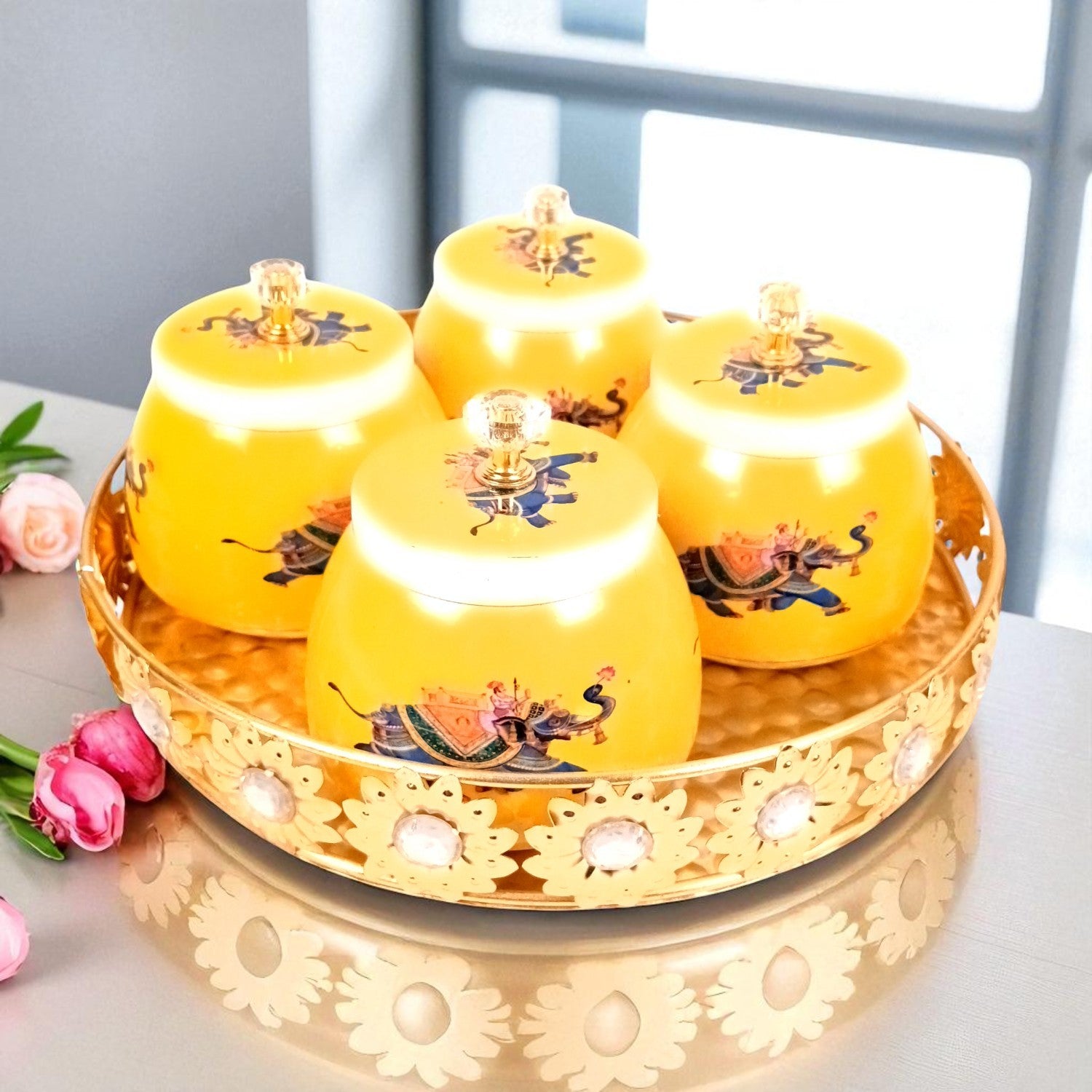 Serving Bowl with Tray | Elephant Handicraft Container | Decorative Showpiece Bowl for Home & Kitchen | Diwali Gift | Traditional Indian Decor - 10 Inch - Apkamart