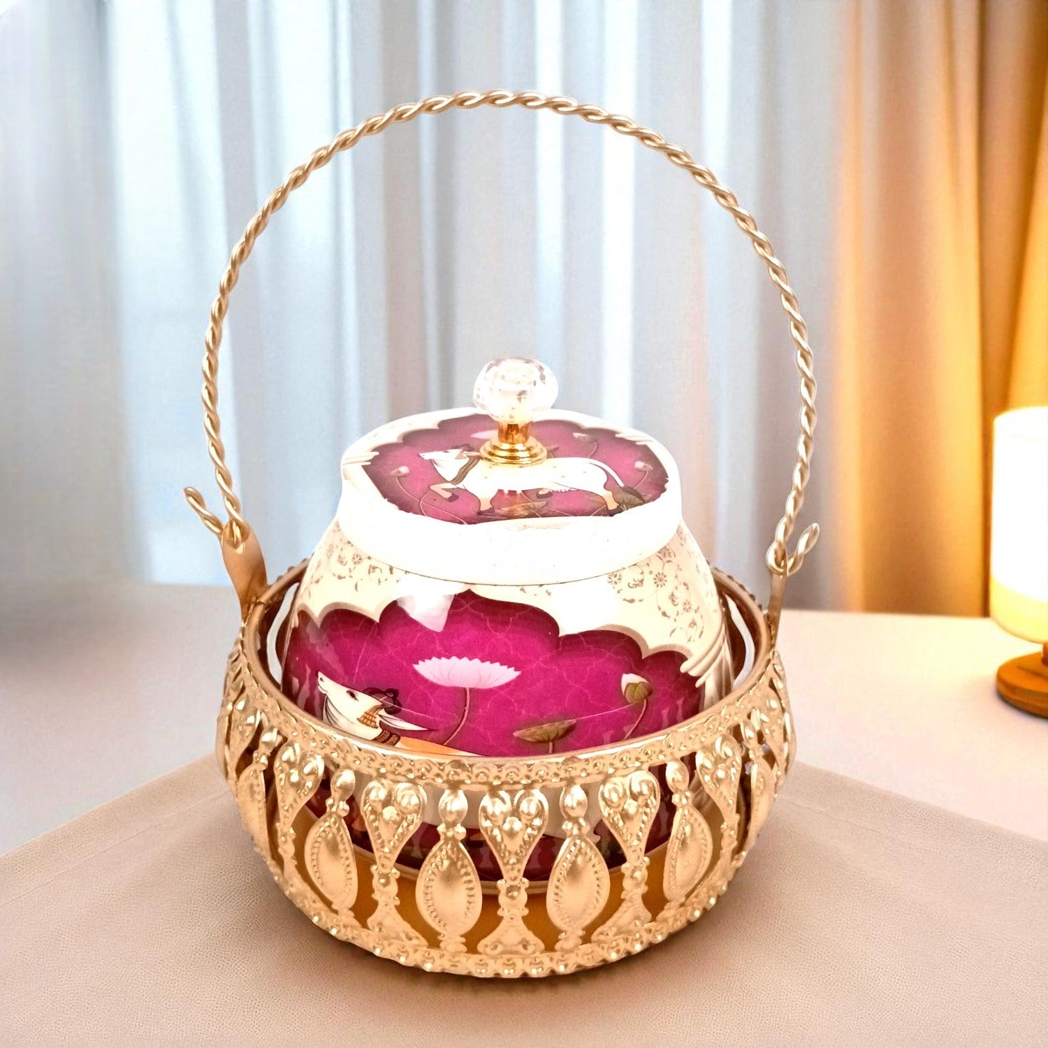Pichvai Art Serving Bowl with Basket | Pichwai Art Handicraft Container | Decorative Showpiece Bowl for Home & Kitchen | Premium Diwali Gift - 6 Inch - Apkamart