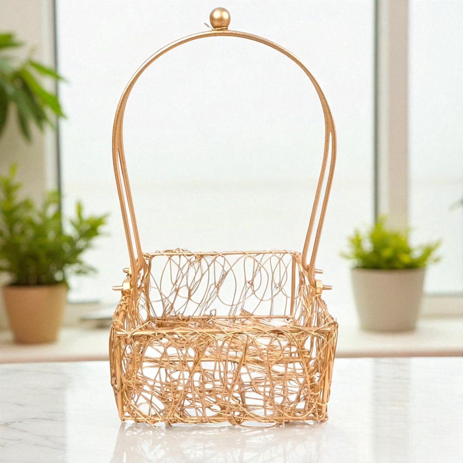 Serving Bowl with Metal Basket | Handicraft Bowl for Kitchen & Home Decor | Showpiece with Basket | Diwali Gift Item | Decorative Container for Dining & Gifting - 8 Inch - Apkamart