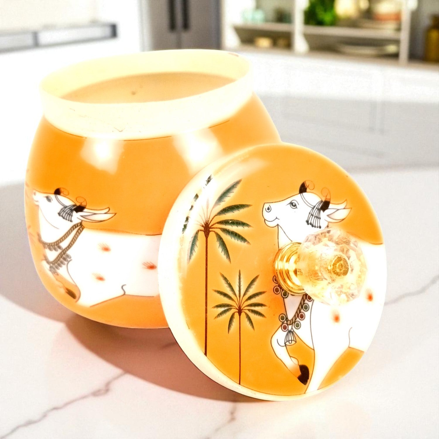 Serving Bowl with Pichwai Art | Handcrafted Decorative Container | Multiuse Kitchen & Home Decor Bowl | Traditional Showpiece | Diwali Gift | Premium Gifting Item - 4 Inch - Apkamart