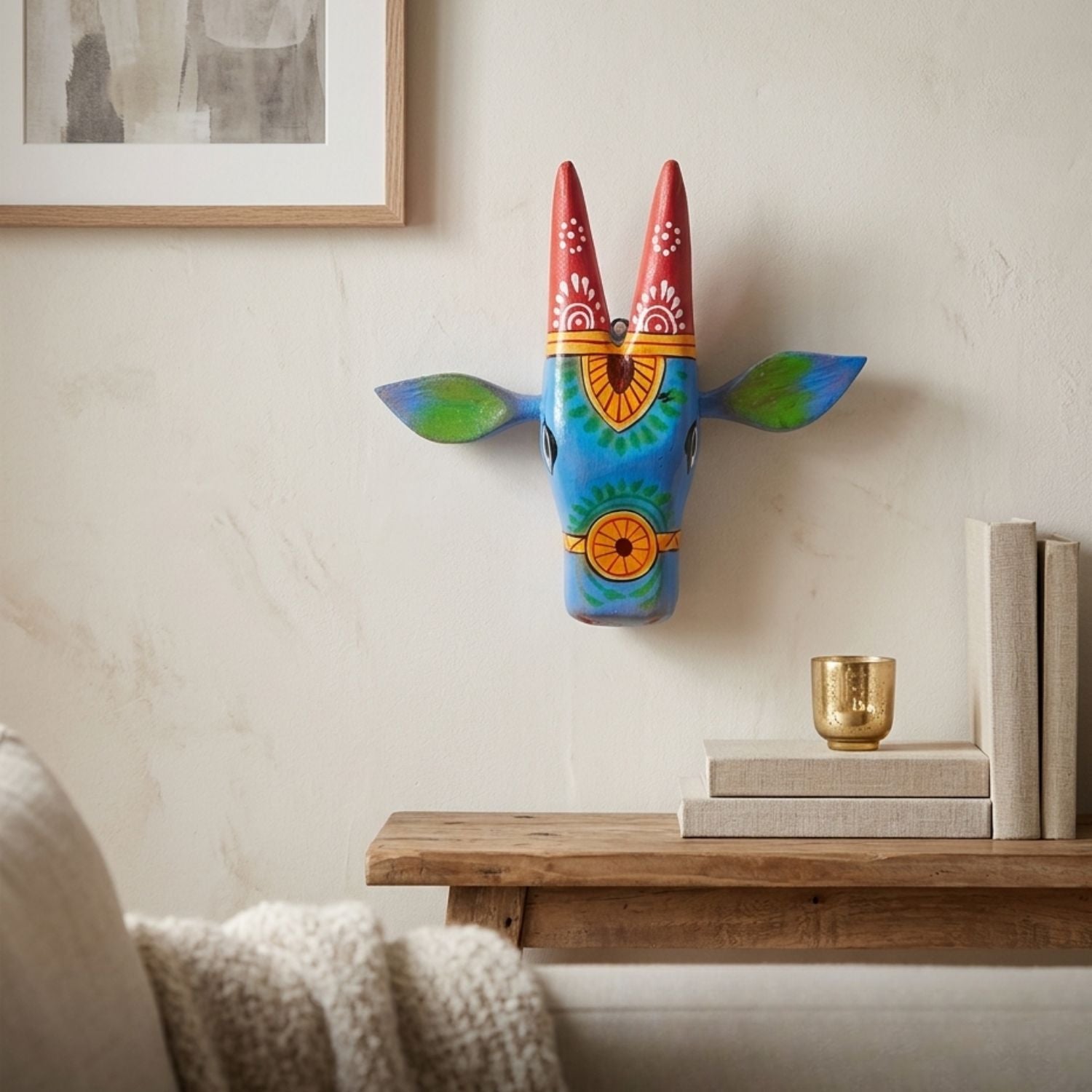 Cow Head Wall Hanging - Blue Wooden Decor Home Gift - 6 Inch-Apkamart