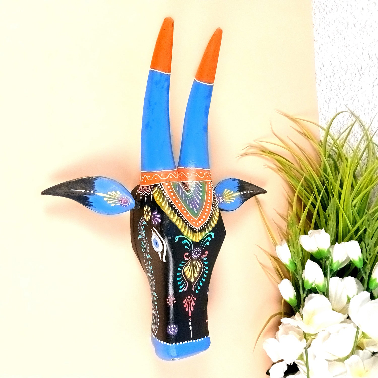 Wooden Cow Head Wall Hanging | Nandi Bull face Wall Decor - For Home, Living Room, Entrance, Puja Room & Gifts - 16 Inch - Apkamart