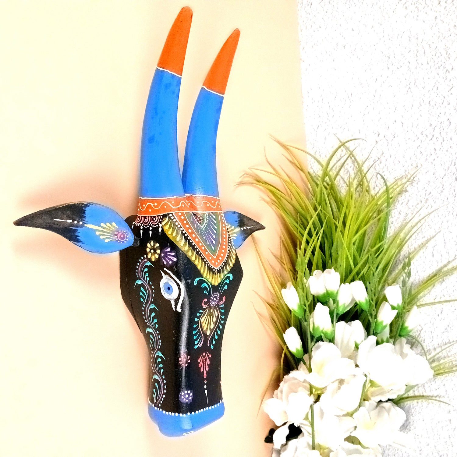 Wooden Cow Head Wall Hanging | Nandi Bull face Wall Decor - For Home, Living Room, Entrance, Puja Room & Gifts - 16 Inch - Apkamart