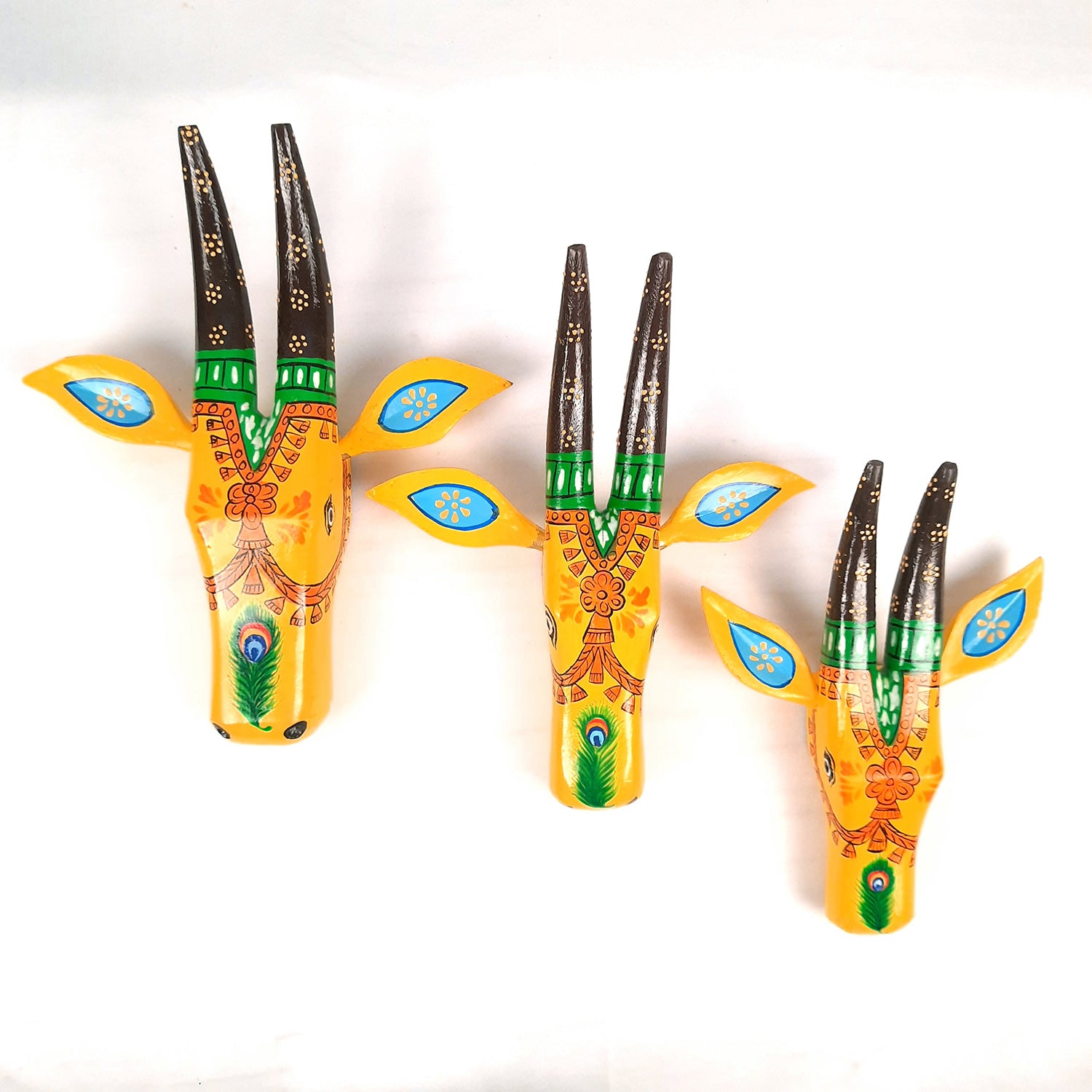 Wooden Cow Face Wall Hanging | Nandi Bull Head Wall Decor With Detachable Ears | Vintage Decor - For Home, Living Room, Entrance, Puja Room Decoration & Gifts ( Set of 3) - apkamart #color_Yellow